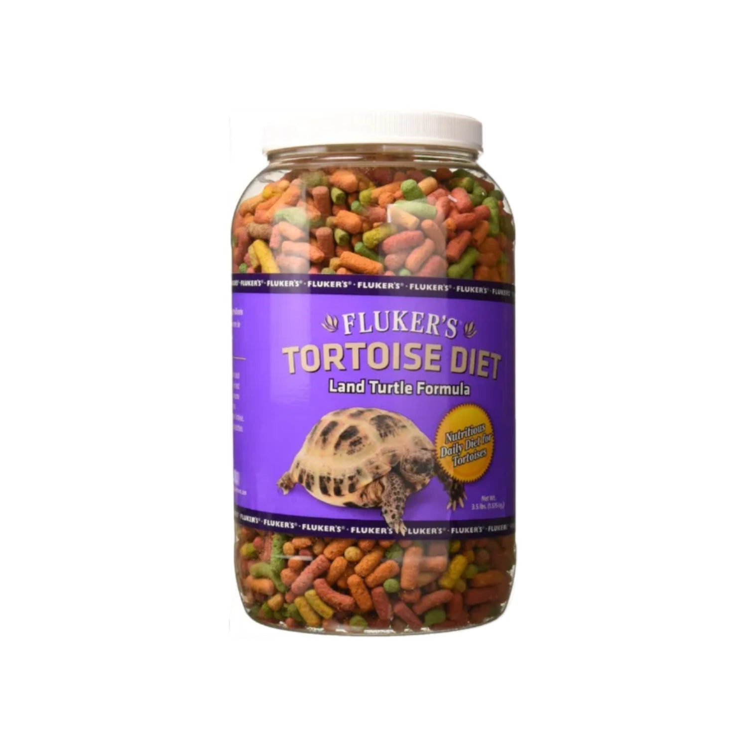 Fluker's Tortoise Diet large pellet food for land turtles, showing a close-up of the 3.5 lbs bag with pellets inside.