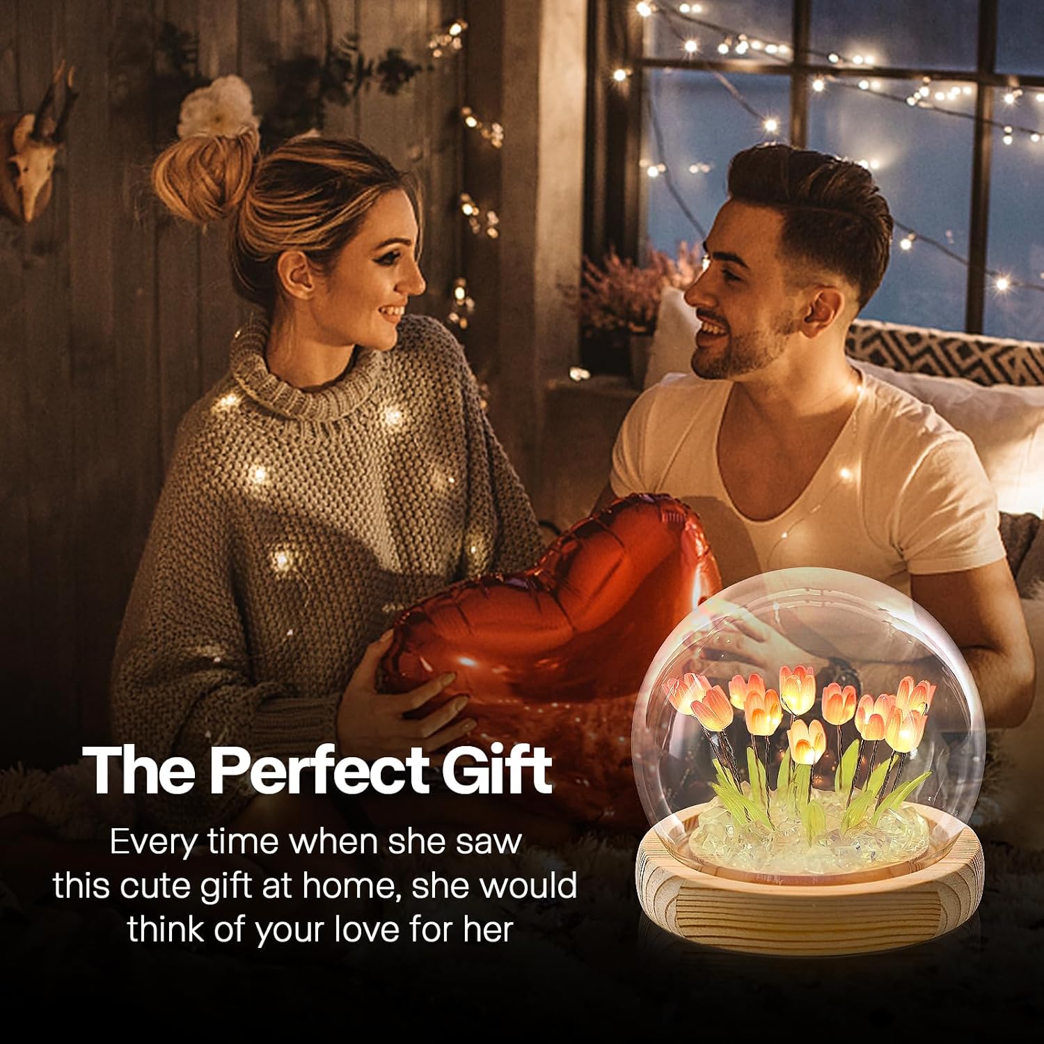 ONXE tulips night light with cute flower design in glass dome, romantic home decor lamp, perfect for cozy room ambiance
