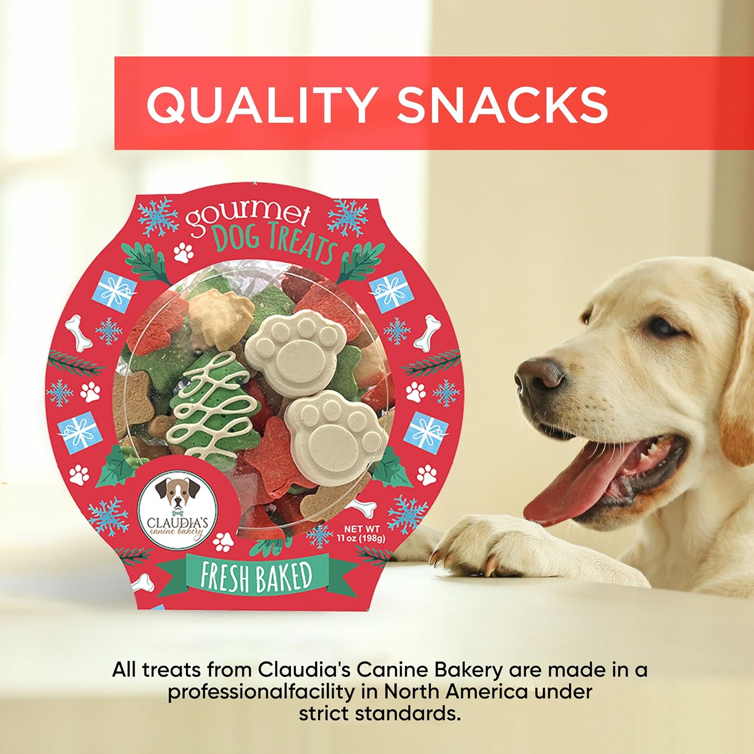 Santa Paws gourmet dog cookies by Claudia's Canine Bakery vanilla-flavored Christmas treats for all dog breeds and sizes.