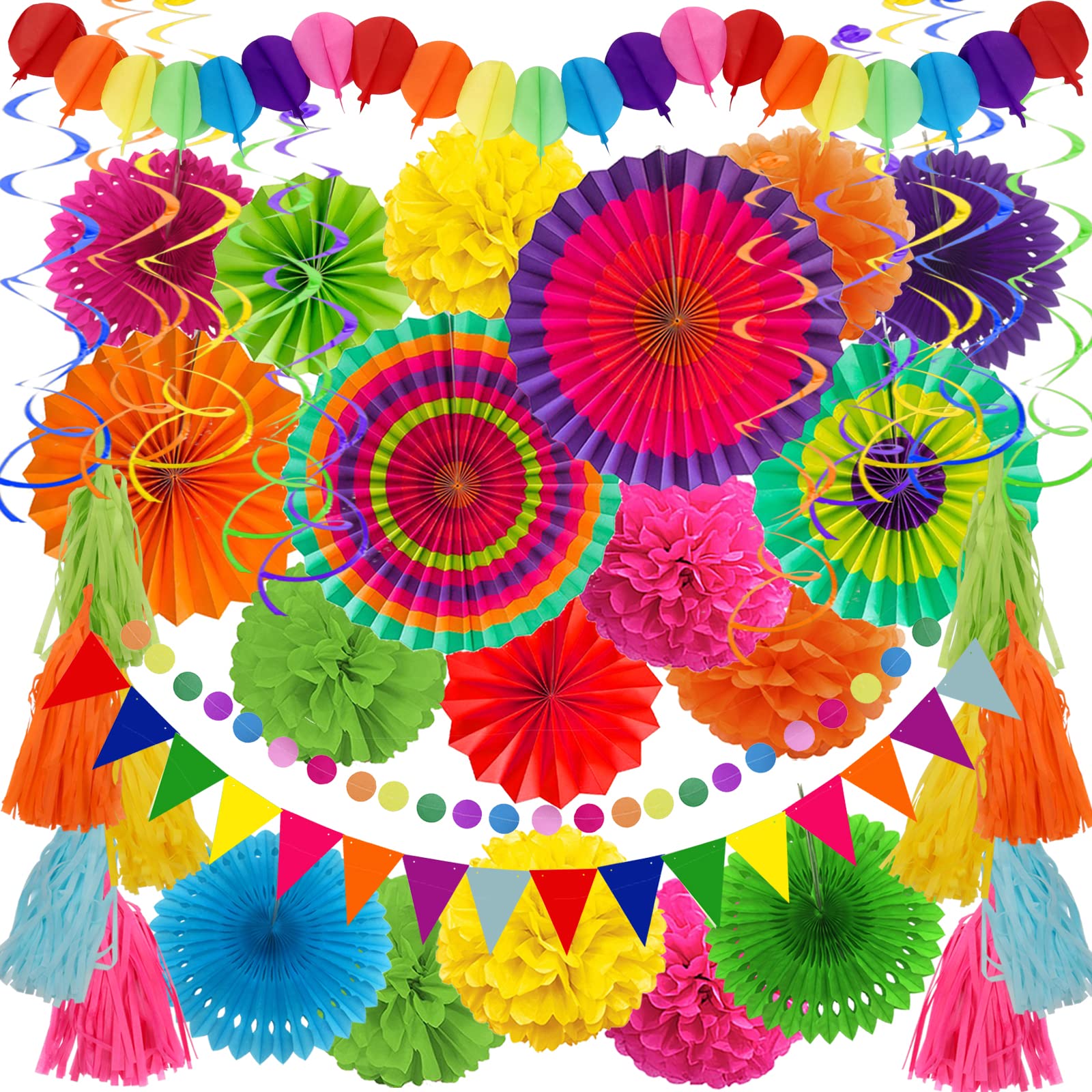 Party Decorations, 41 Pcs Multicoloured Papar Fans Pompoms - Product Imagery