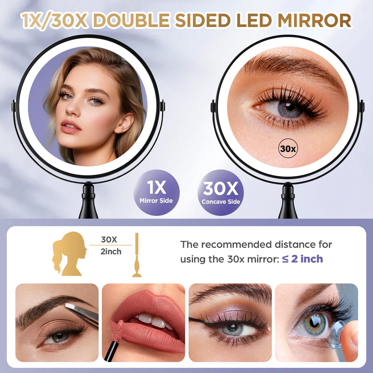 30X Magnifying Mirror with Lights Matte Black 8 Dual Sided - DASLAVA Official Imagery - 4