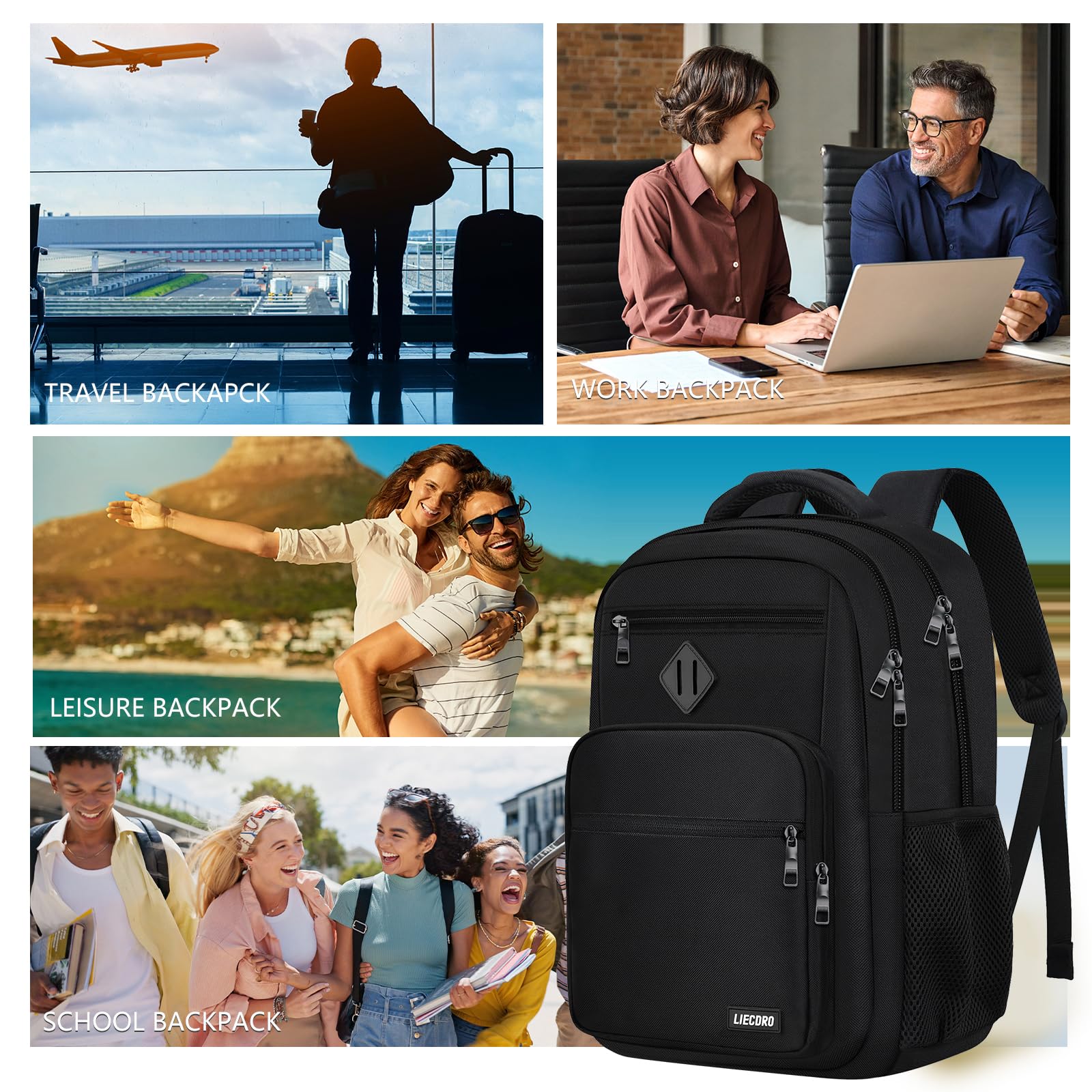 LIECDRO black backpack for men and teens with 15.6 inch laptop compartment, reinforced straps, suitable for school, work, and travel.
