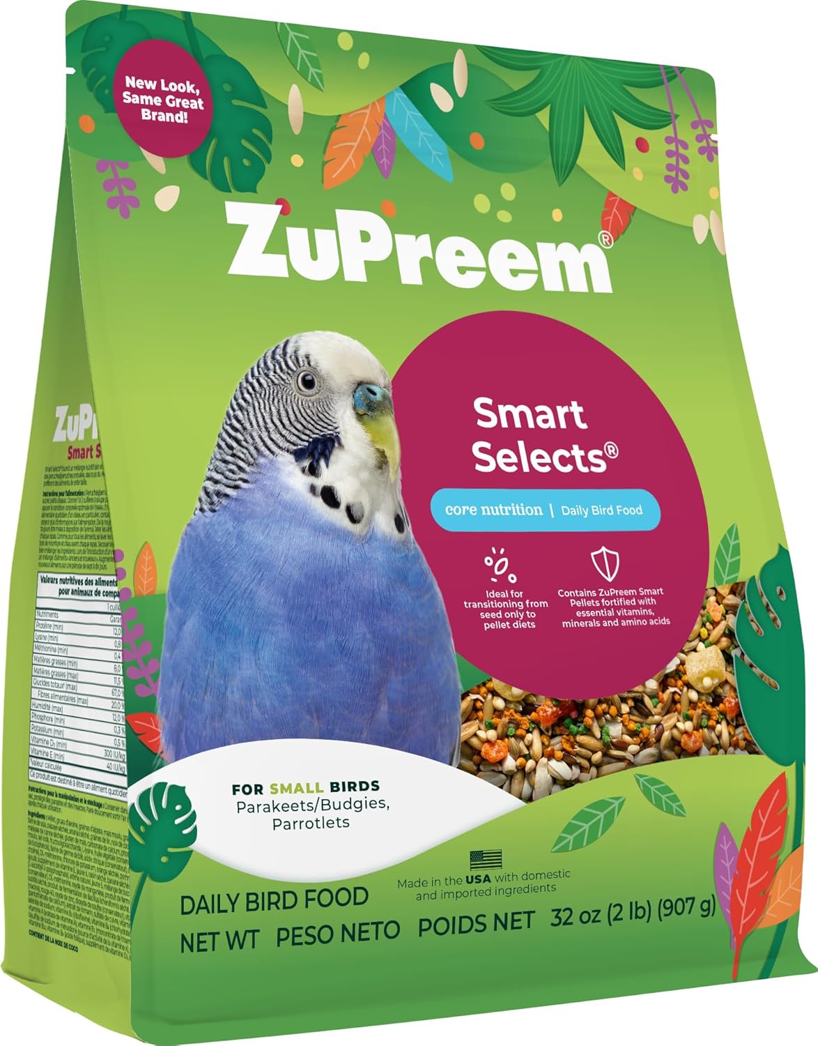 ZuPreem FruitBlend bird pellets in a bowl, suitable for parakeets, budgies, and parrotlets, featuring colorful dried fruit pieces.