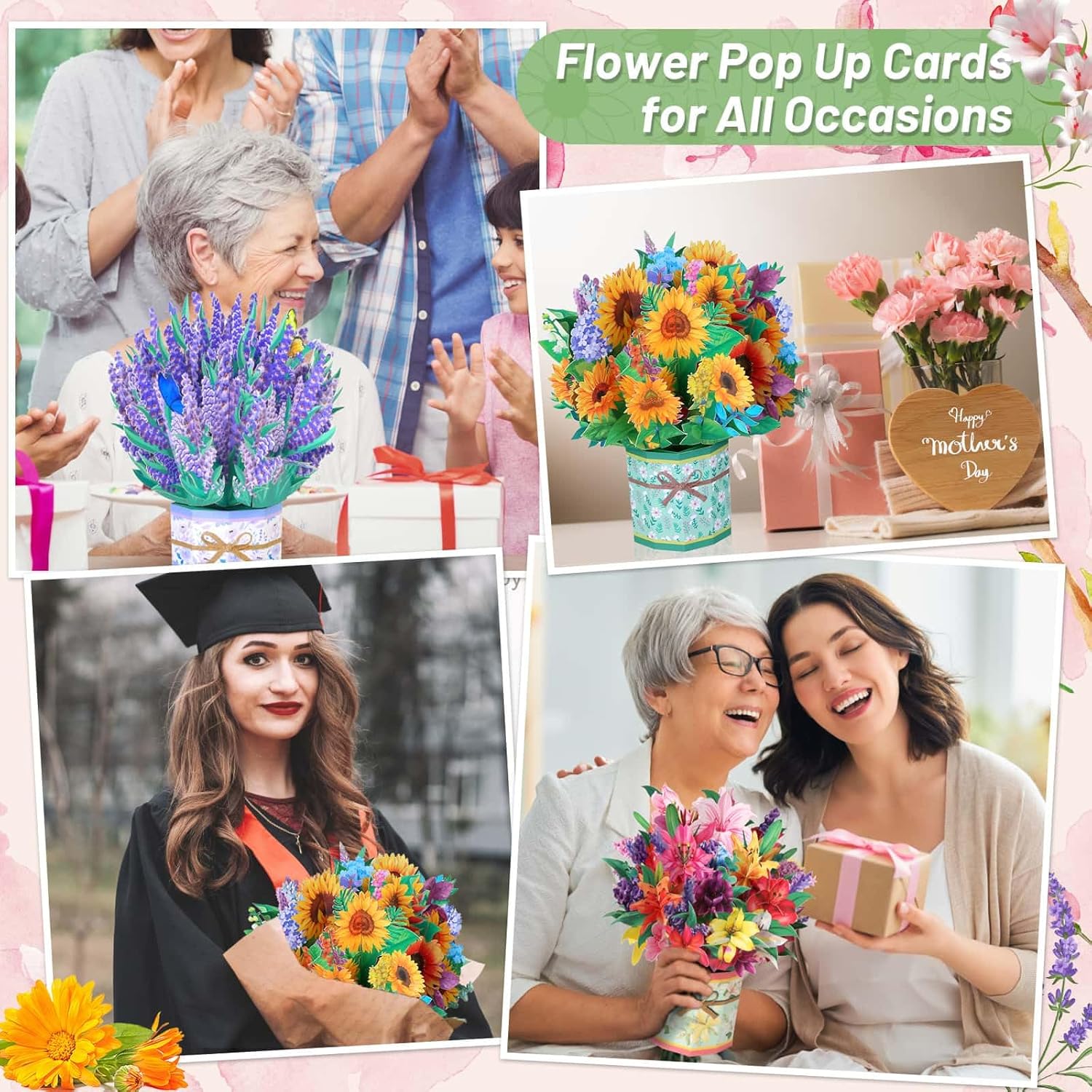 Three Caffox paper flower pop-up greeting cards with 3D floral bouquet designs, perfect for special occasions.