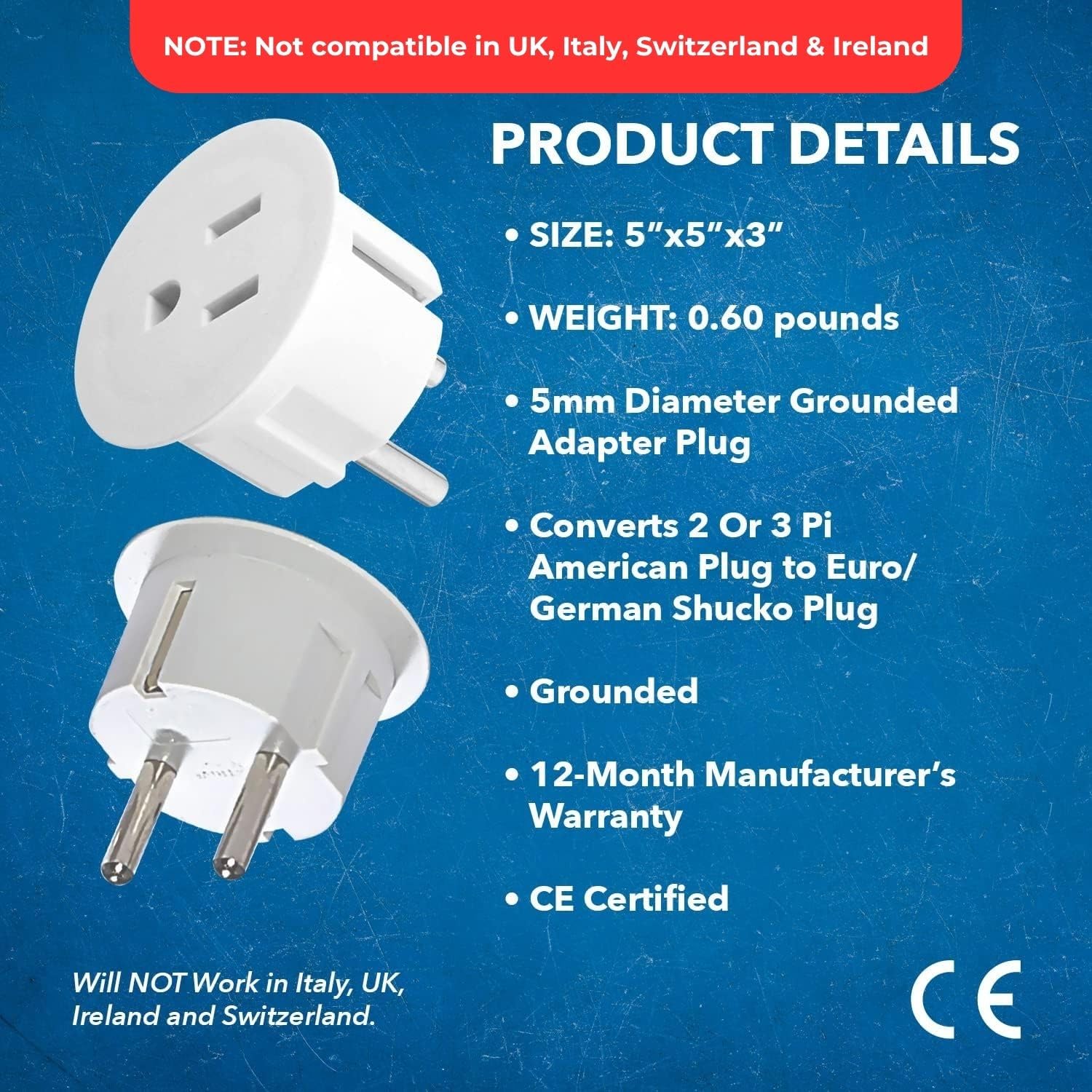 OREI American to European Type E/F Schuko plug adapter for mobile, laptop, and camera chargers, 6-pack, CE certified, for Germany and France