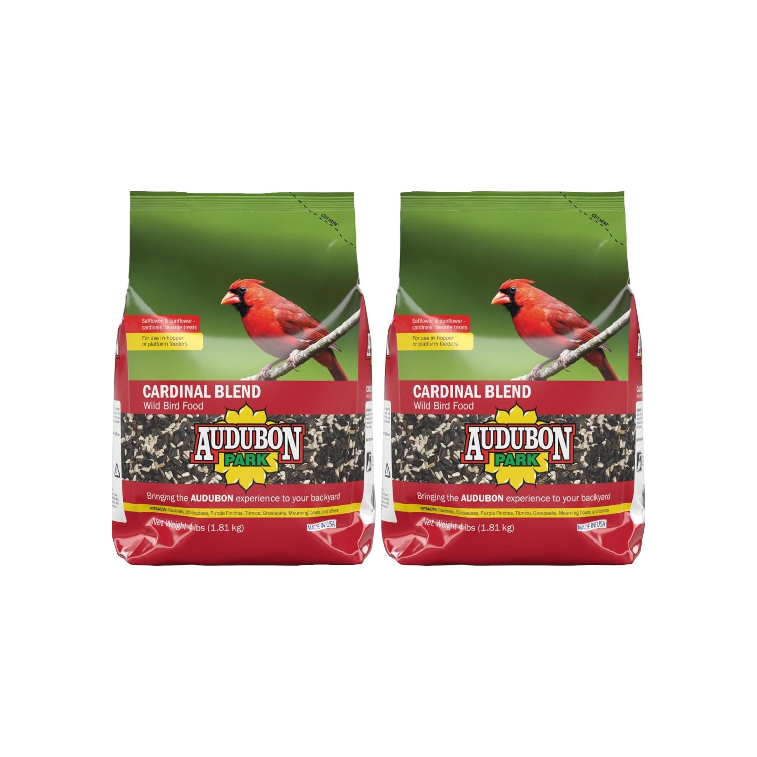Audubon Park Cardinal Blend wild bird seed mix in a bag, designed to attract cardinals and other backyard birds outdoors.