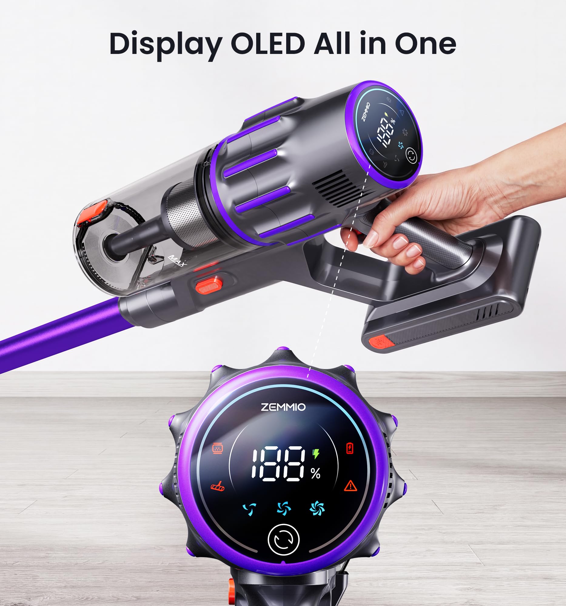 Zemmio 90Mins Cordless Vacuum Cleaner,Upgraded 650W 55KPA Cordless Stick Vacuum - Zemmio Official Product View 4