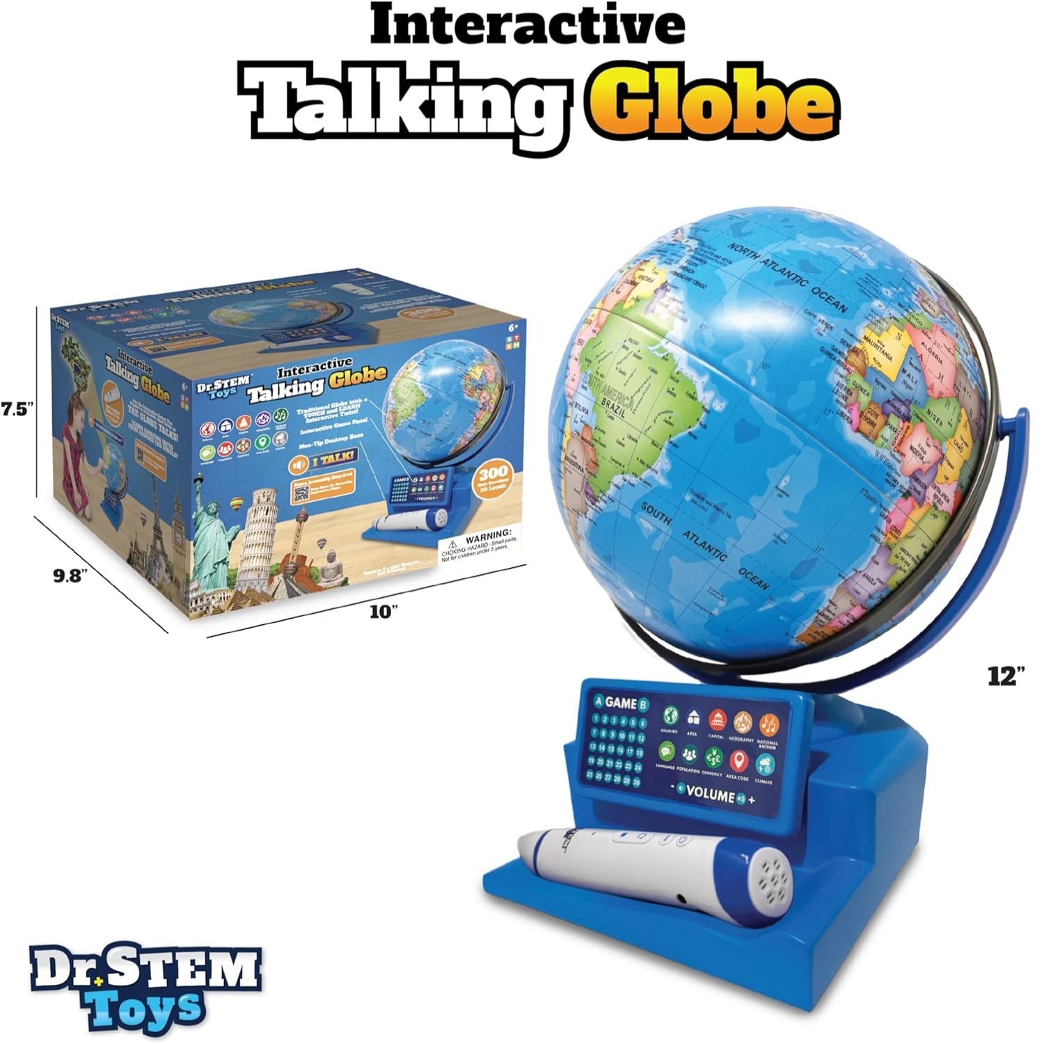 Dr. STEM Toys interactive talking globe with smart pen and game panel, showcasing a colorful educational globe with digital features.