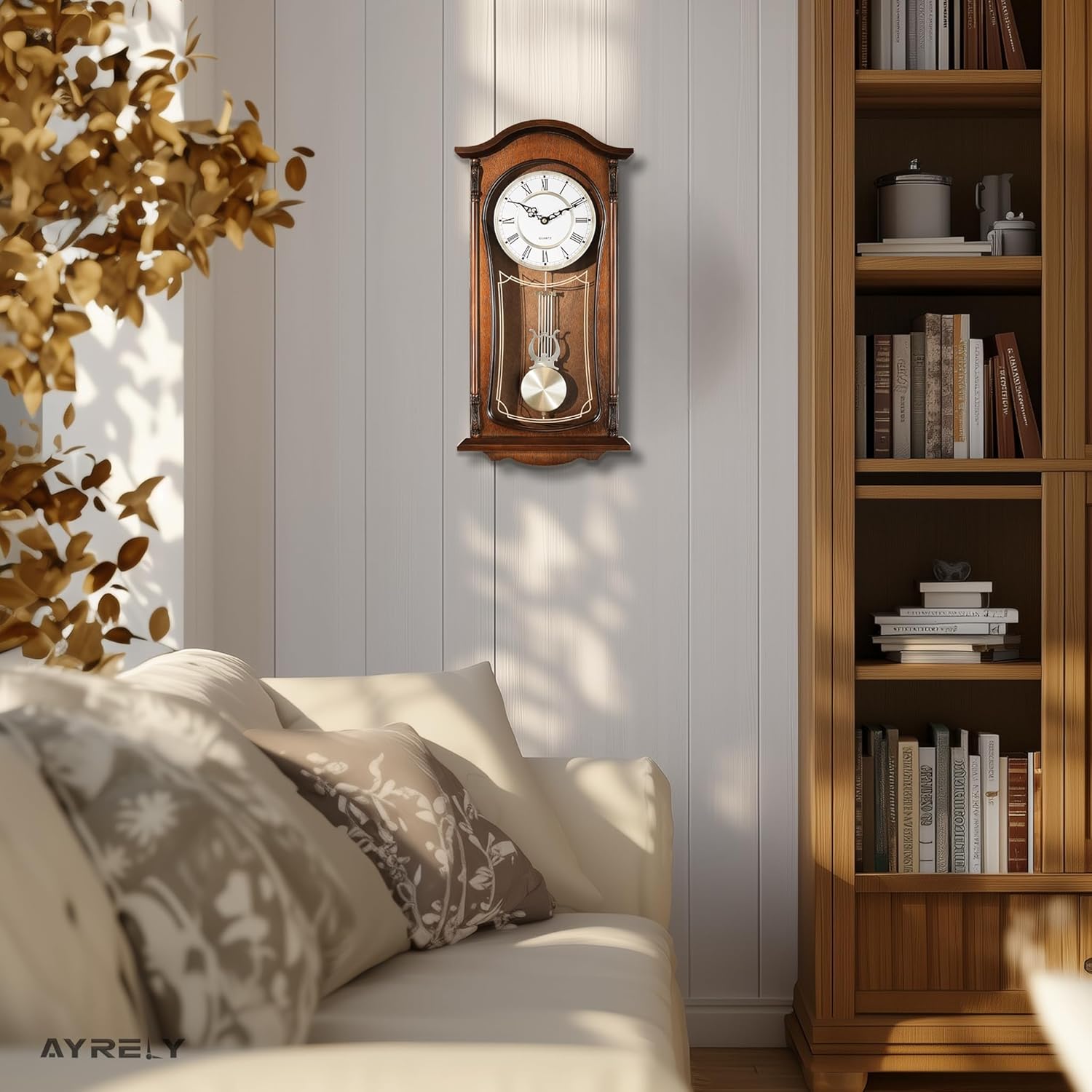 AYRELY® 22-inch vintage grandfather wall clock with pendulum and chime, featuring classic design and Roman numerals.