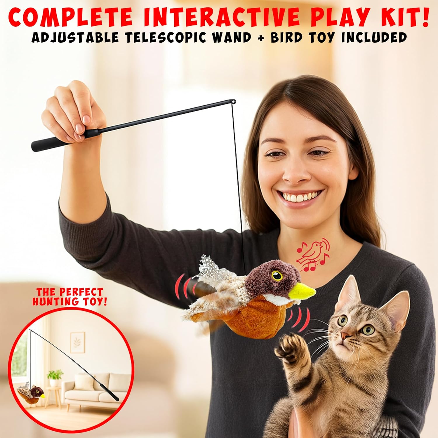 Lila Layers cat toy resembling a lifelike bird with flapping wings and chirping sounds for playful feline entertainment