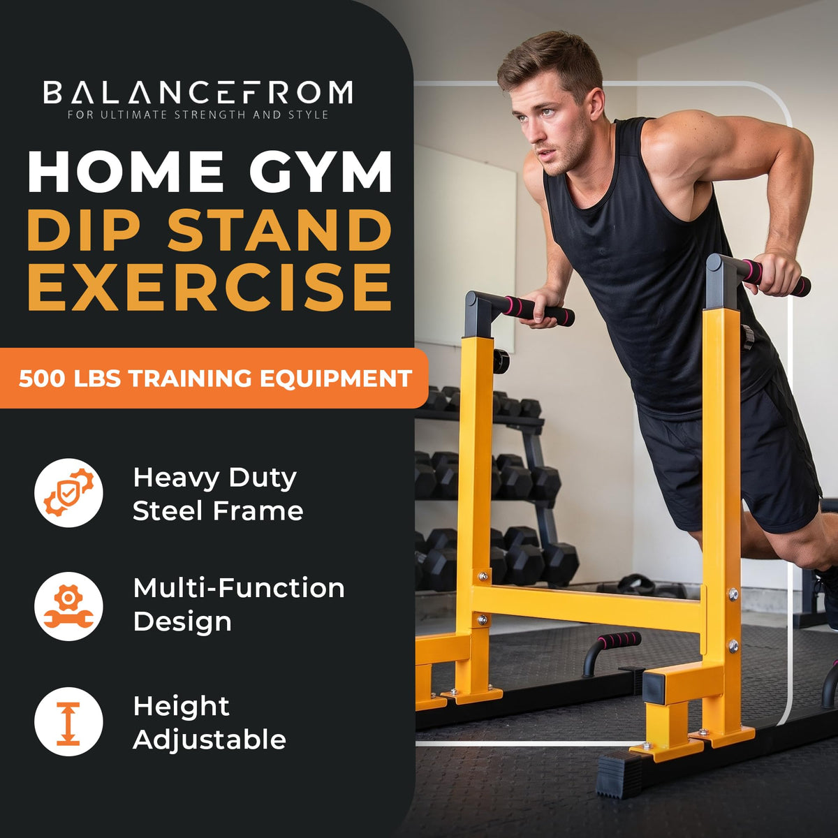 BalanceFrom Steel Frame Dip Station with Adjustable Height - BalanceFrom Official Imagery - 3