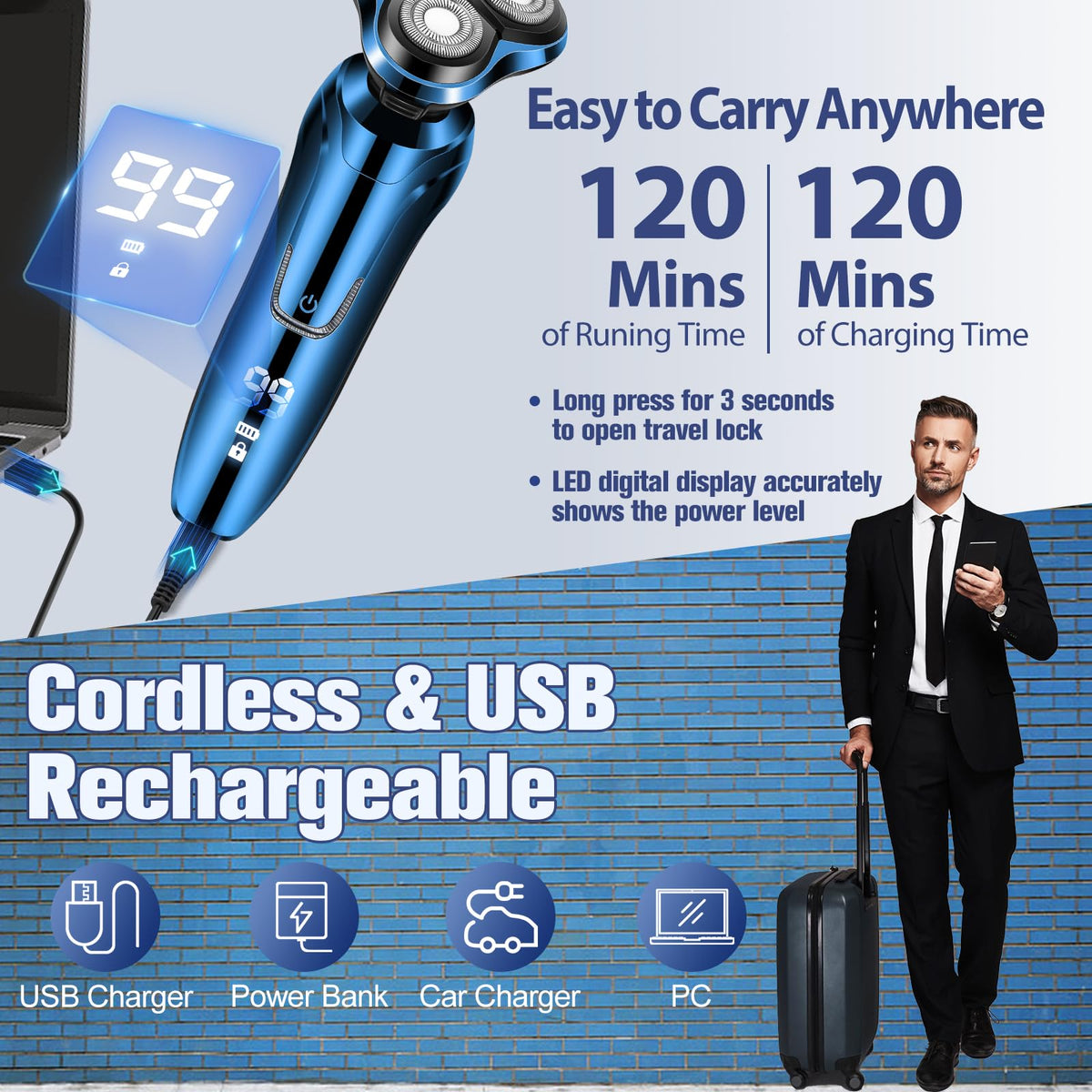 Electric Razor for Men Men s Rotary Shavers Waterproof LED - Handsomeface Official Imagery - 7