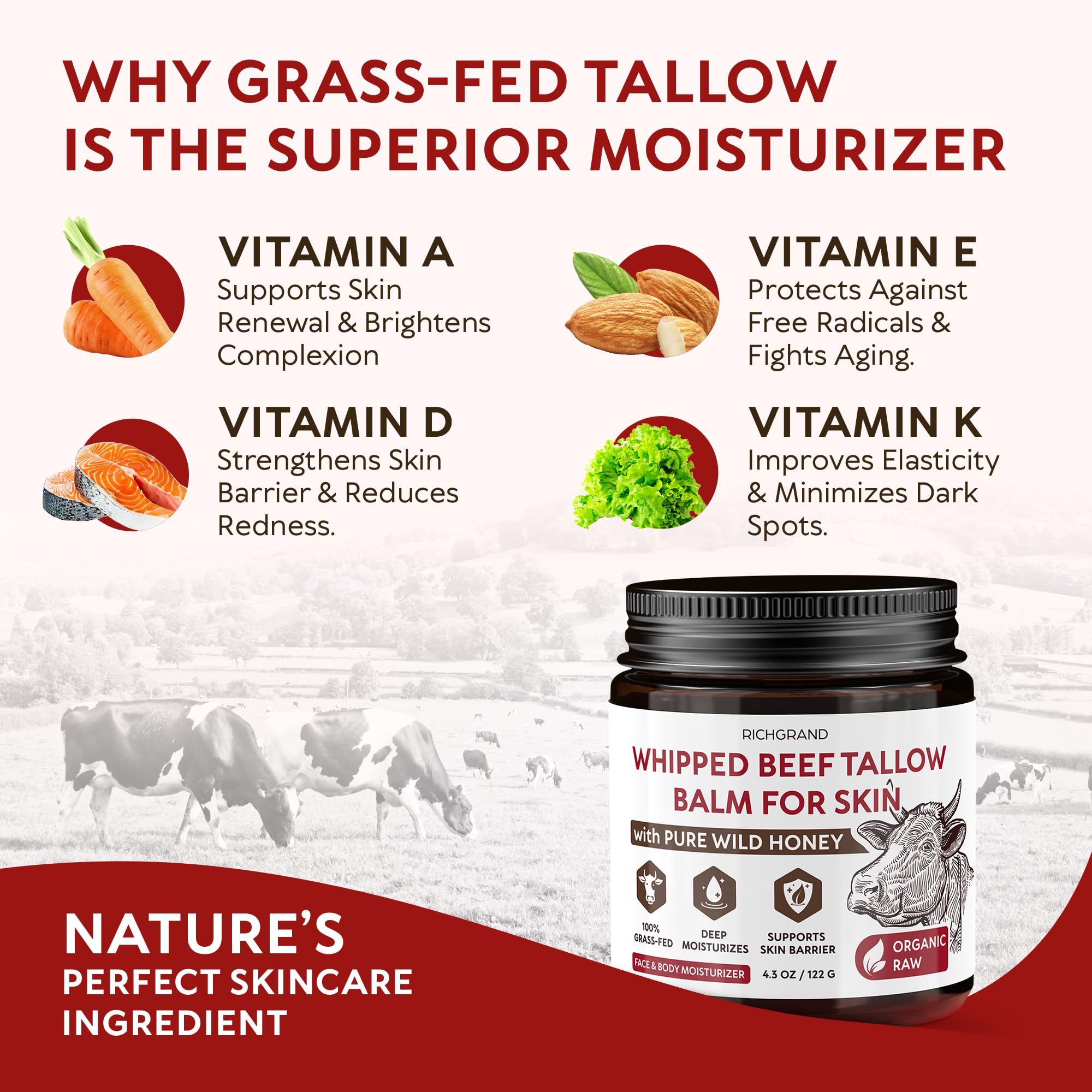 RICHGRAND Beef Tallow Whipped Balm with Manuka Honey – 4.3 oz