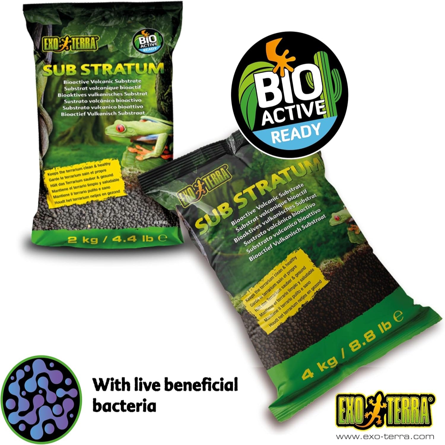 Exo Terra Sub Stratum bioactive volcanic substrate for reptile terrariums, showing dark, textured volcanic material in a reptile habitat.