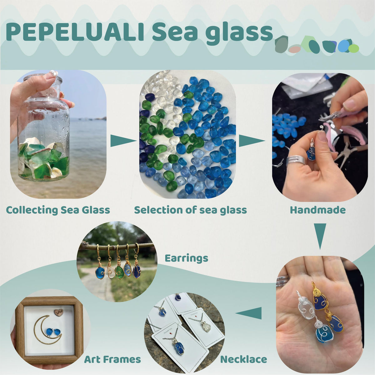 Handmade Sea Glass Wire Wrap Drop Earrings Jewelry Beach - PEPELUALI Official Imagery - 6