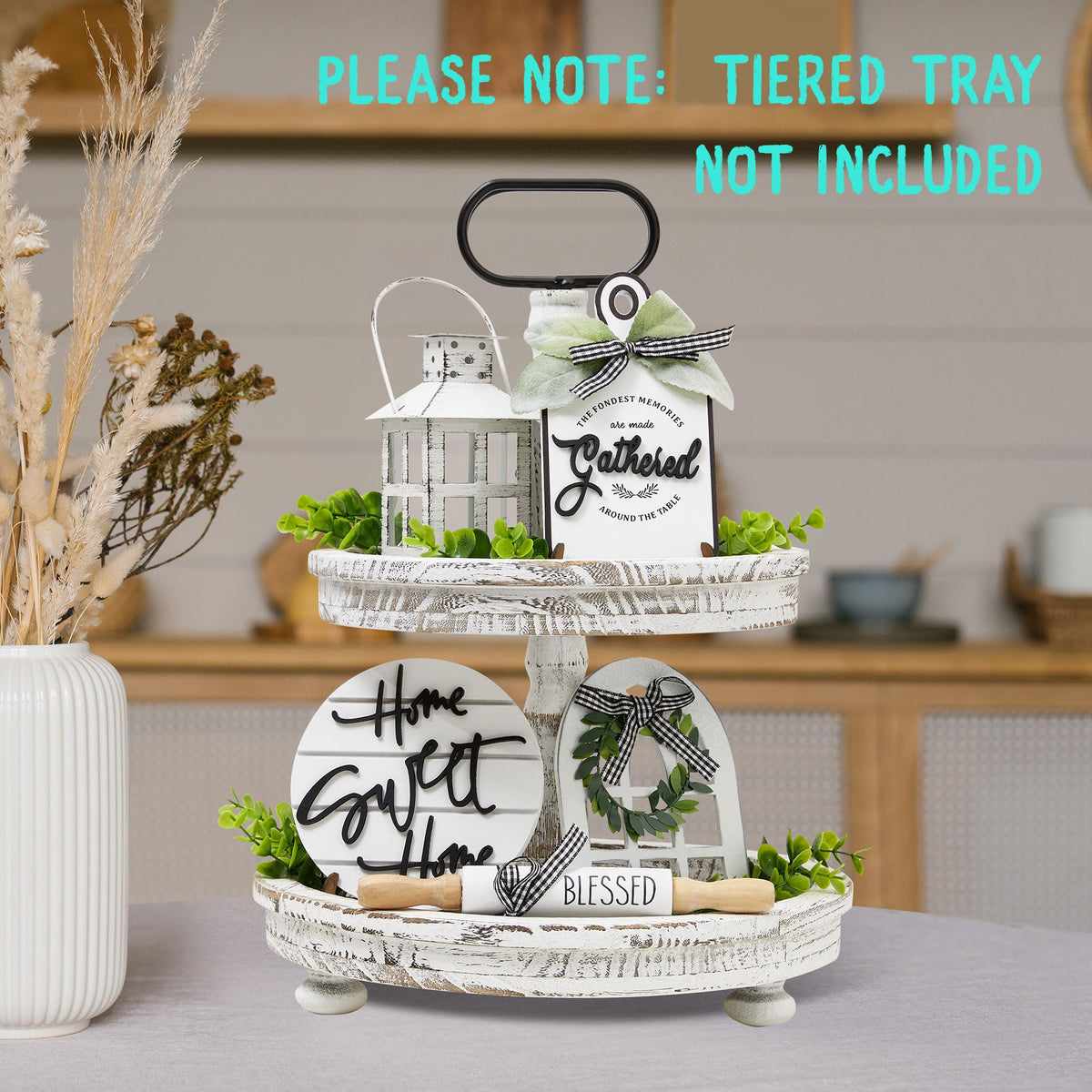 Set of 16 Farmhouse Tiered Tray Decor with 1 Lantern - Houmury Official Imagery - 8