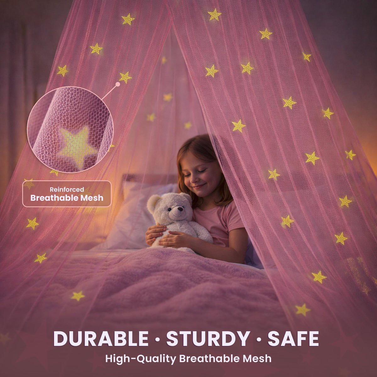 Pink Bed Canopy for Girls with Glowing Stars - Bollepo Official Imagery - 5