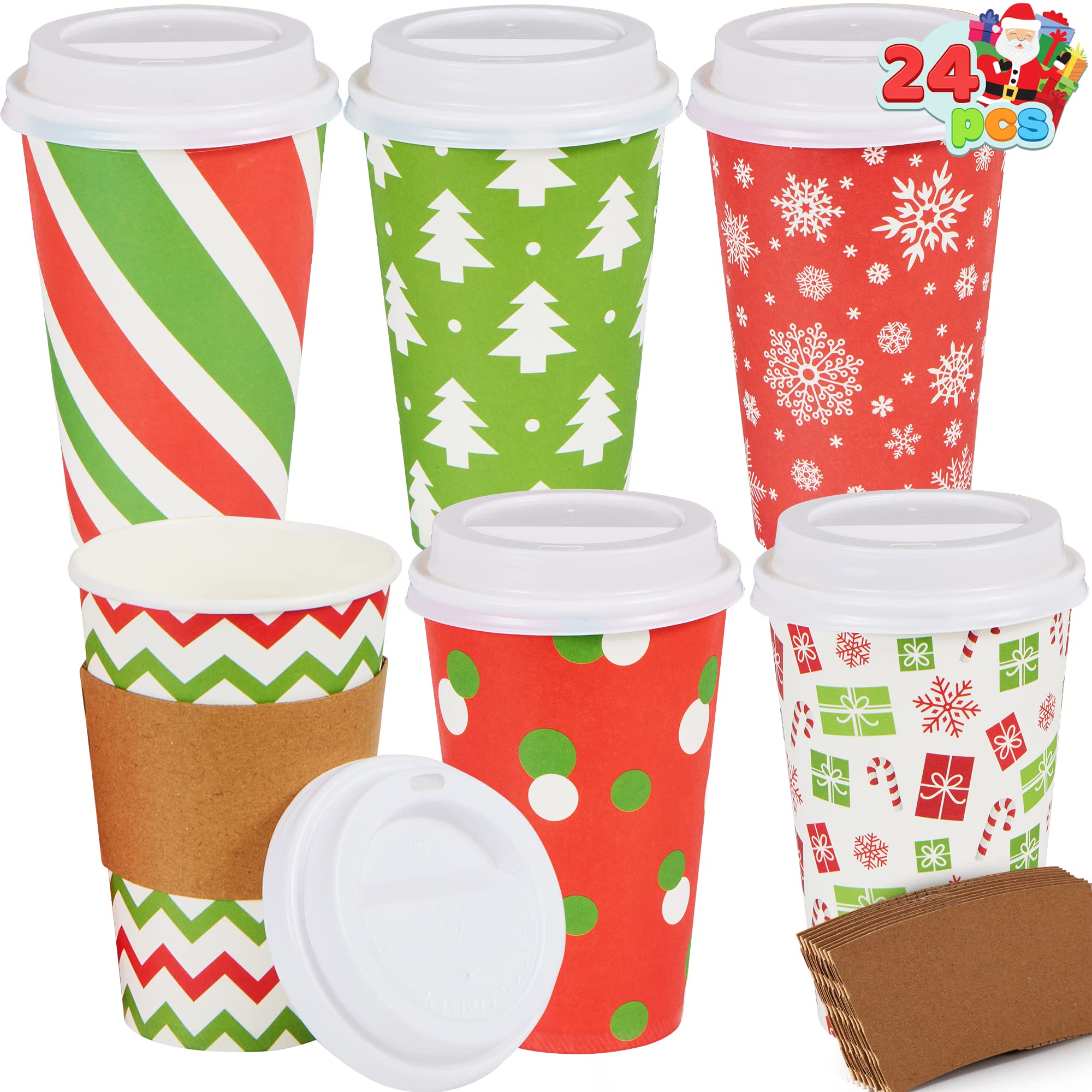 JOYIN 24 Pcs 16 oz Christmas Disposable Cups with Lids and - Product Imagery