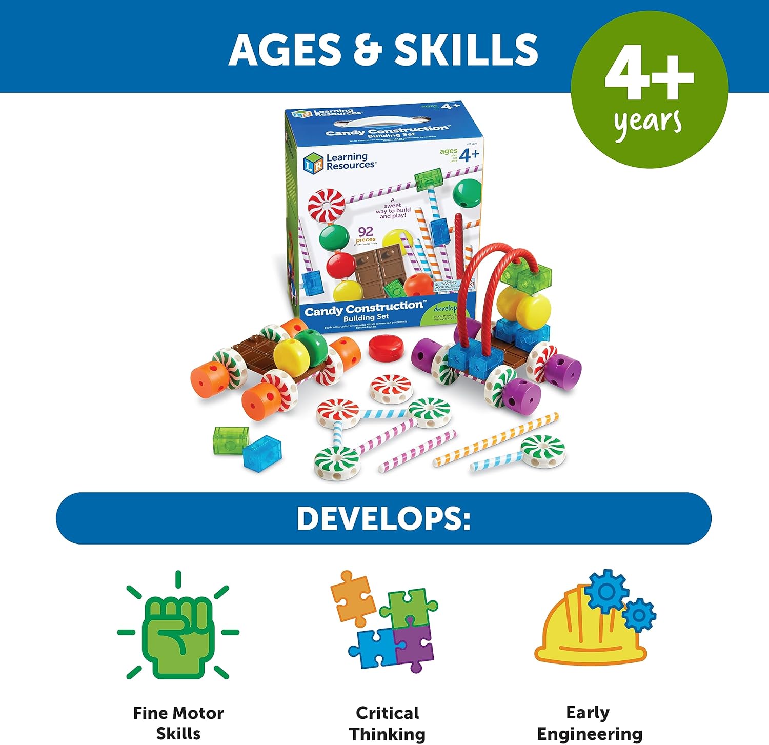 Learning Resources Candy Construction Building Set with 92 colorful pieces for kids ages 4+ to create fun, edible-inspired structures.