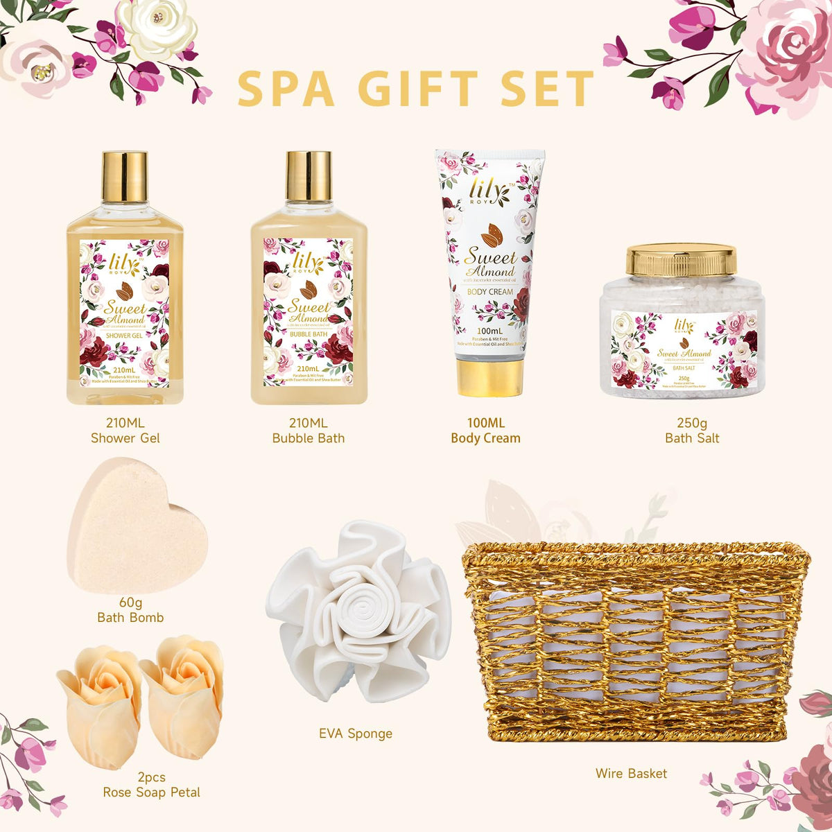 9Pcs Moisturizing Almond Spa Kit Bath Gifts Set Spa Gift - LILY ROY Official Imagery - 4