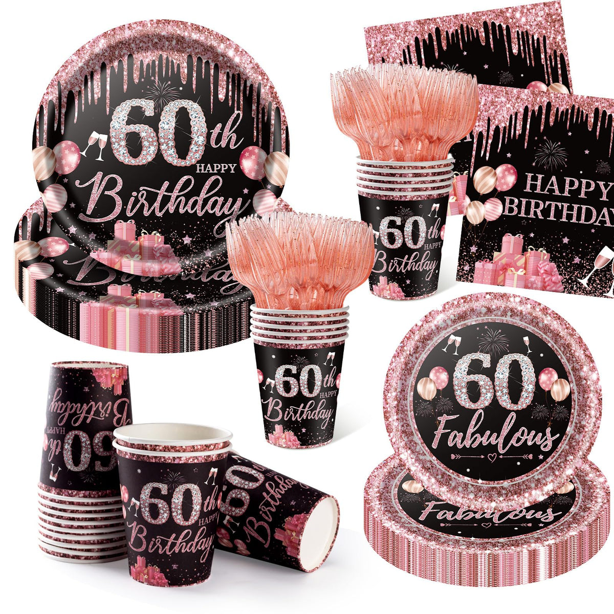250PCS 60th Birthday Party Decorations for 50 Guests Black - Yaniio Official Imagery - 1
