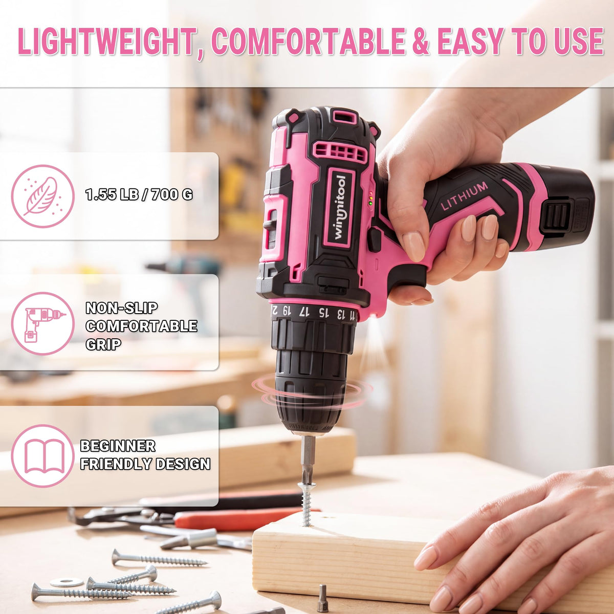 153 Piece Home Tool Set with 12V Pink Cordless Drill Hand - winmitool Official Imagery - 6