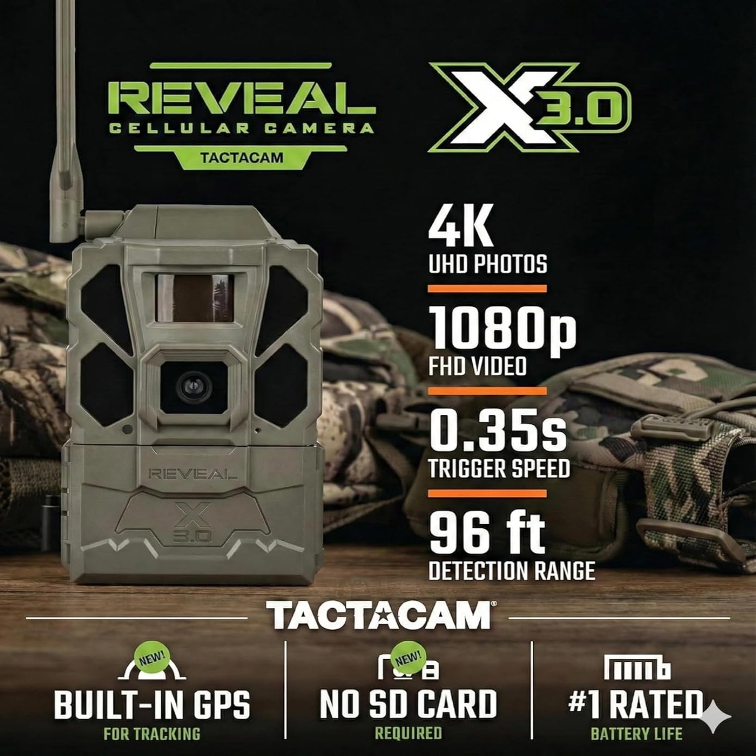 Tactacam REVEAL X Gen 3.0 cellular trail camera capturing HD photos and videos, mounted outdoors with antenna visible.