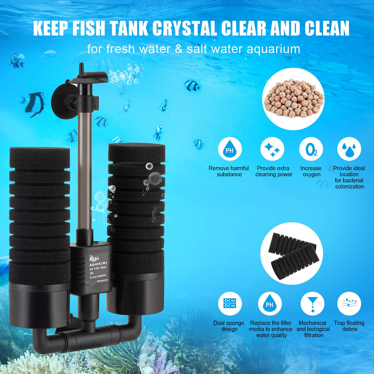 AQQA Aquarium Sponge Water Filter Power Driven Double - AQQA Official Imagery - 3