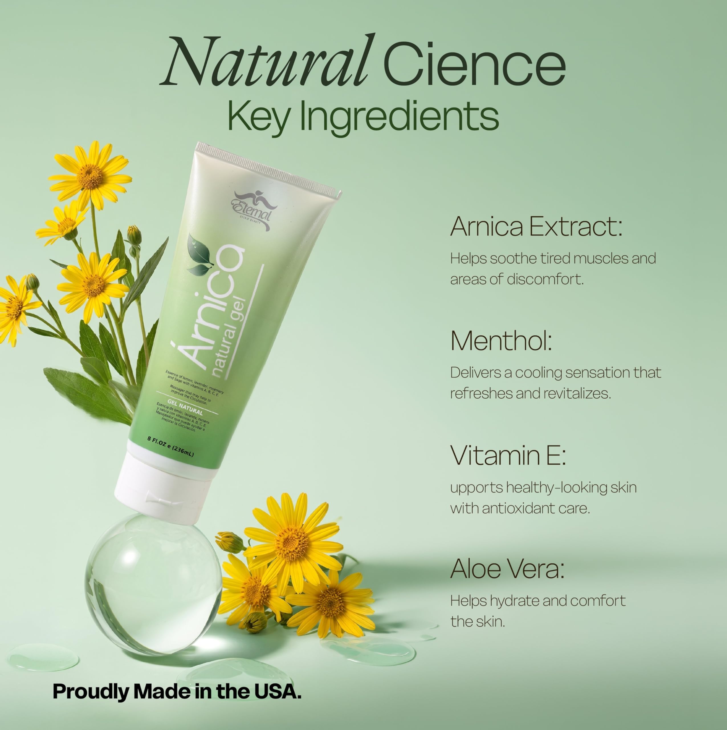 Eternal Spirit Beauty Arnica Gel in 8oz tube, cooling botanical skin moisturizer with natural arnica for soothing relief.