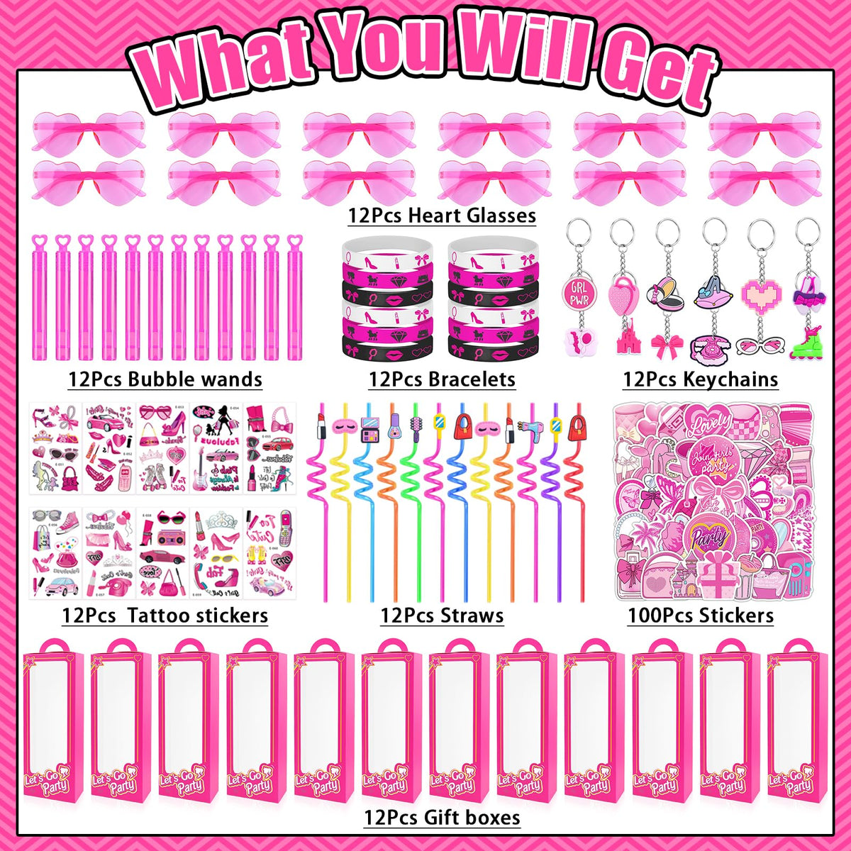 184Pcs Pink Girls Party Favors Pack - We1stdsee Official Imagery - 5