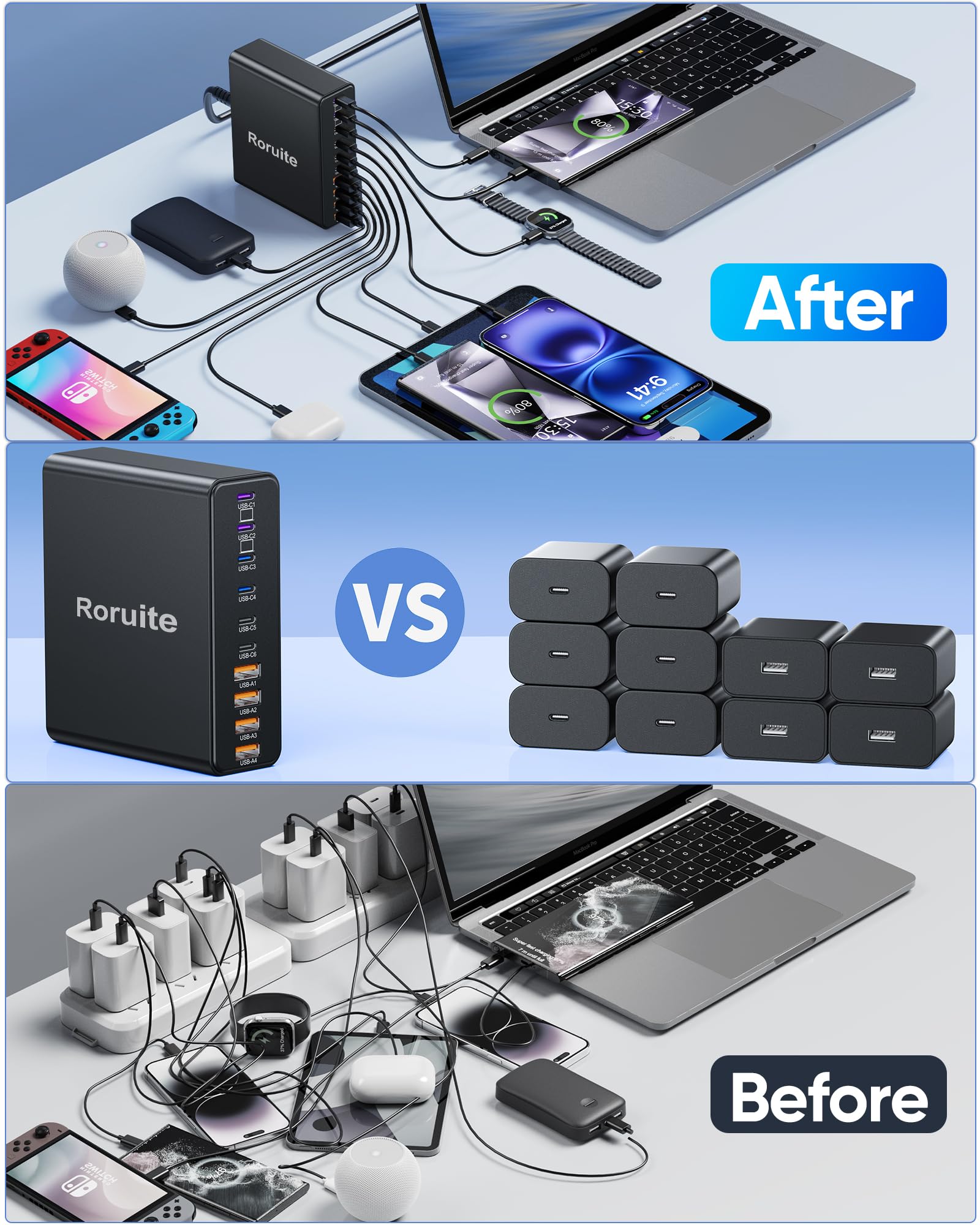 Roruite 1000W USB C Charging Station, 120W PD GaN5 Super Fast USB - Roruite Official Product View 6