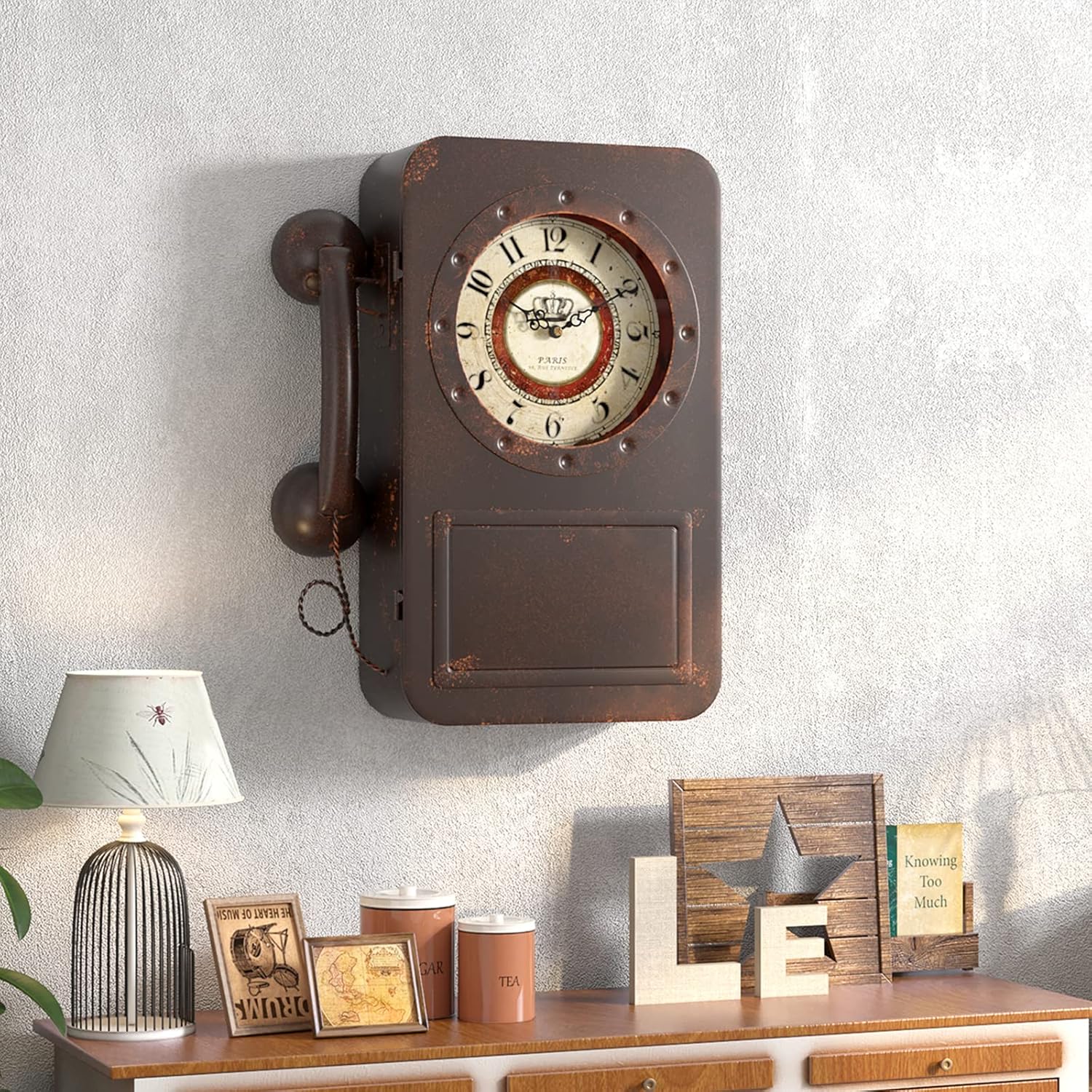 Abdurey retro wall clock with old-fashioned telephone design and hidden safe, battery-operated quartz clock on a wall.