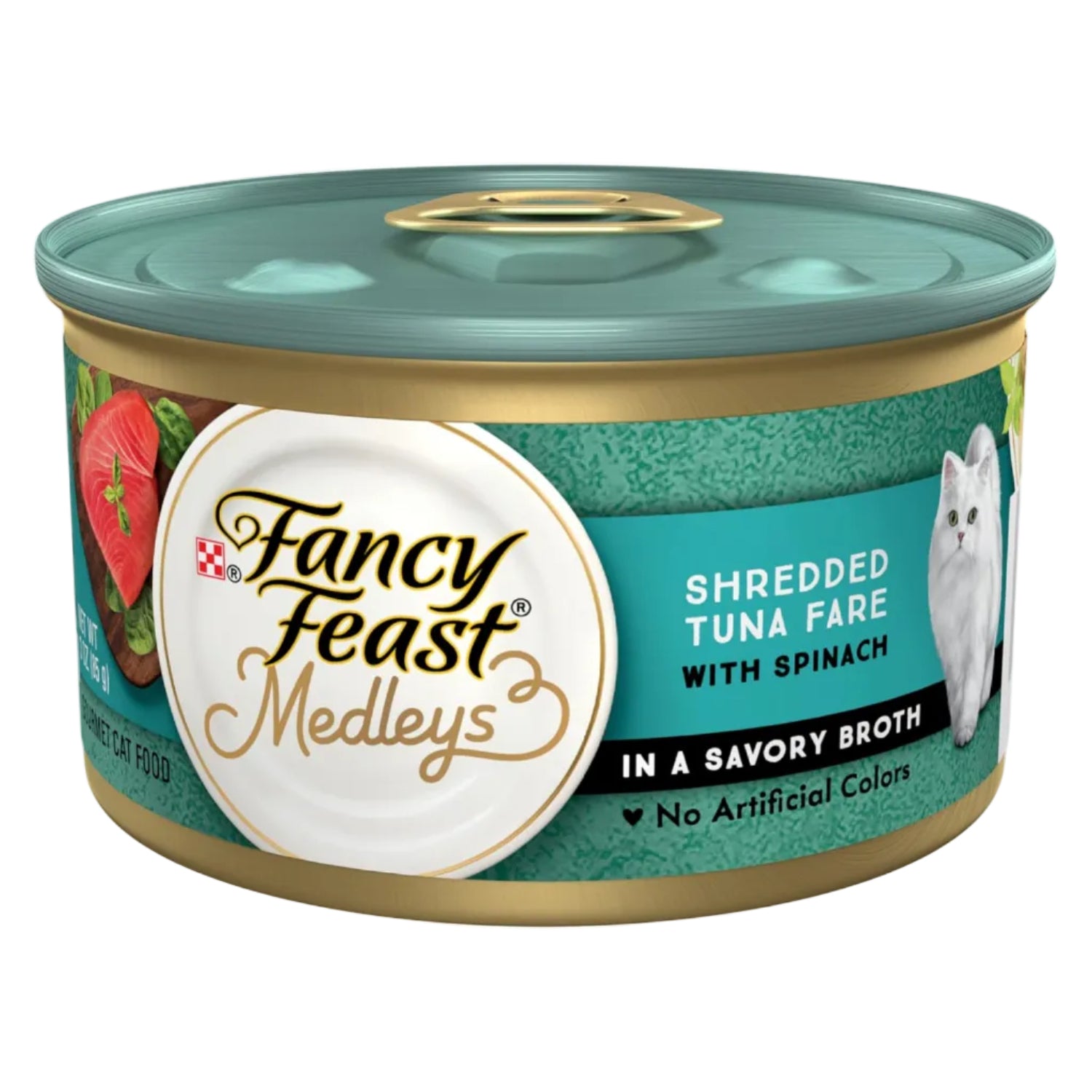 Cans of Fancy Feast Medleys shredded tuna cat food with spinach in savory broth, 3 oz. per can, pack of 24.