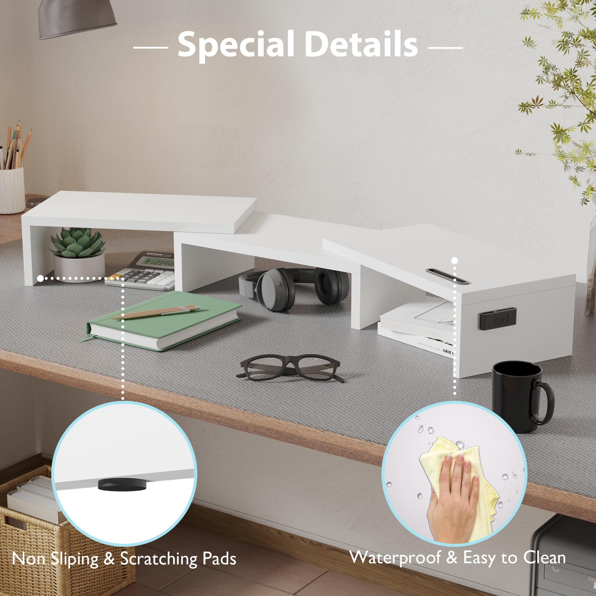 BONTEC dual monitor stand riser in white with adjustable length and swivel angle, supporting two monitors for ergonomic workspace.