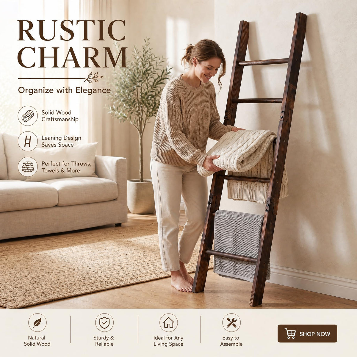 Carbonized Farmhouse Blanket Ladder 6 Tier Rustic Wooden - ZSYWODFO Official Imagery - 4