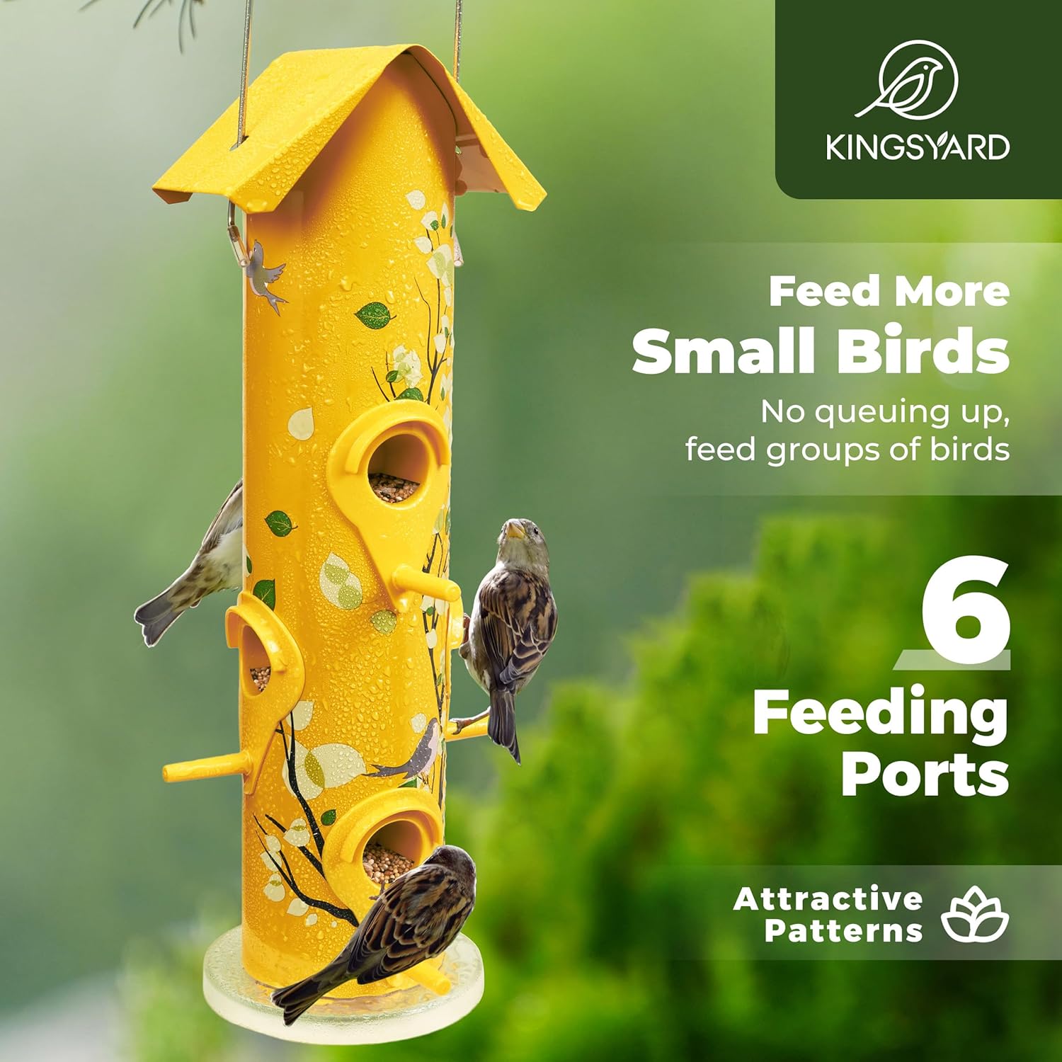Kingsyard metal outdoor hanging bird feeder with six feeding ports and tube design, attracting various garden birds.