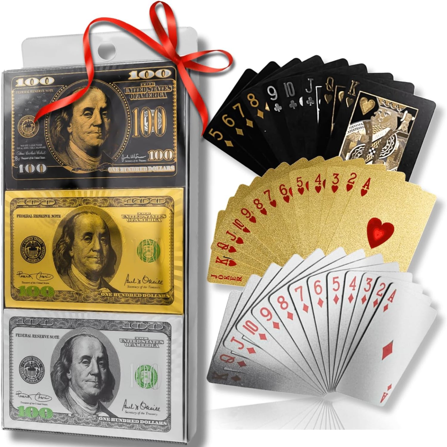 Magic Kiss waterproof gold and silver foil plastic poker playing cards deck with intricate card designs.