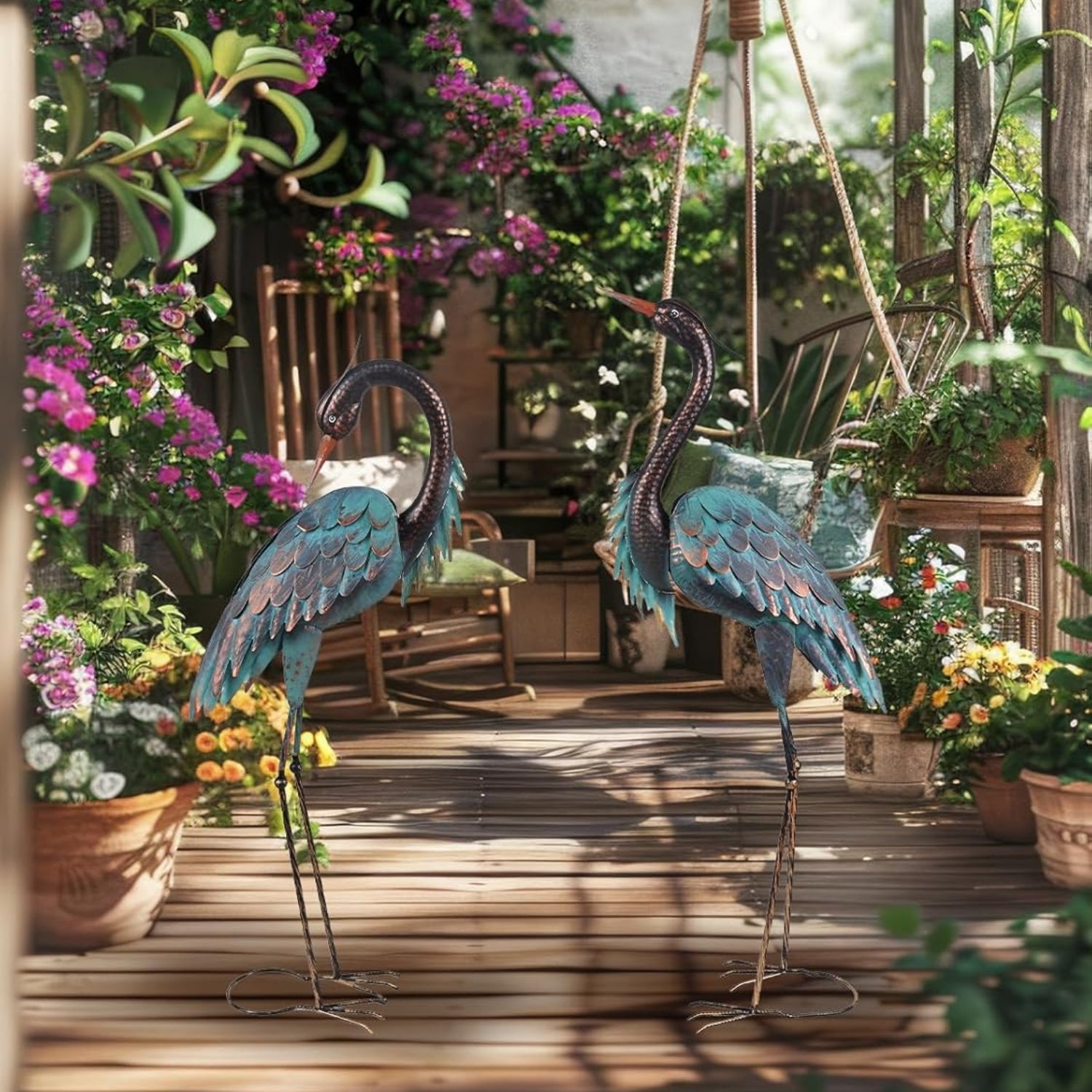 YEAHOME outdoor garden decor with two large metal heron statues, 40-inch and 37-inch tall standing bird sculptures