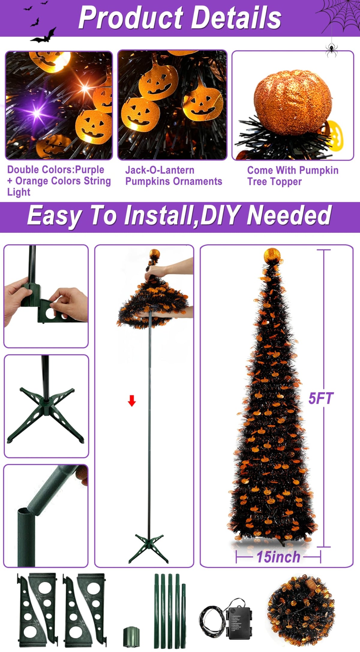 TURNMEON 5Ft Black Tinsel Halloween Tree with Lights - TURNMEON Official Imagery - 5