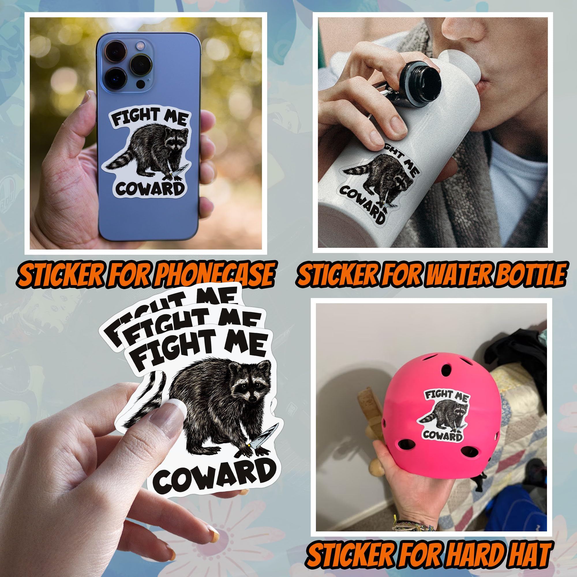 Fight Me Coward Raccoon Sticker Hard Hat Blue Collar Meme Funny Racoon with Knife Waterproof Vinyl Sticker for Laptop Water Bottle Phone Case Cars - Decor Decal Stuff Gift Idea for Her Him Adults Kid