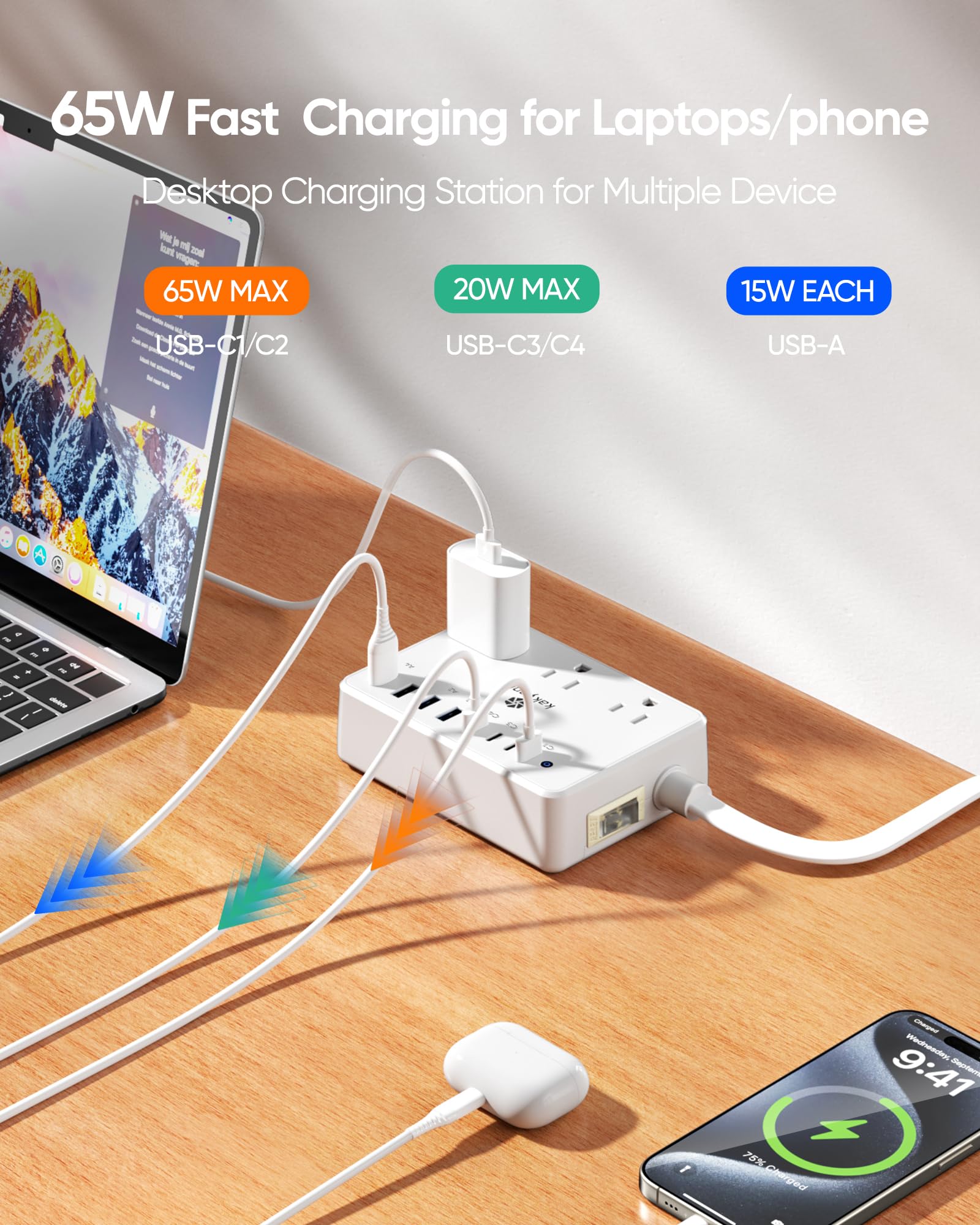 kakyanill 100W Charging Station, Power Strip with 6 AC Outlets 8 USB Ports - kakyanill Official Product View 4