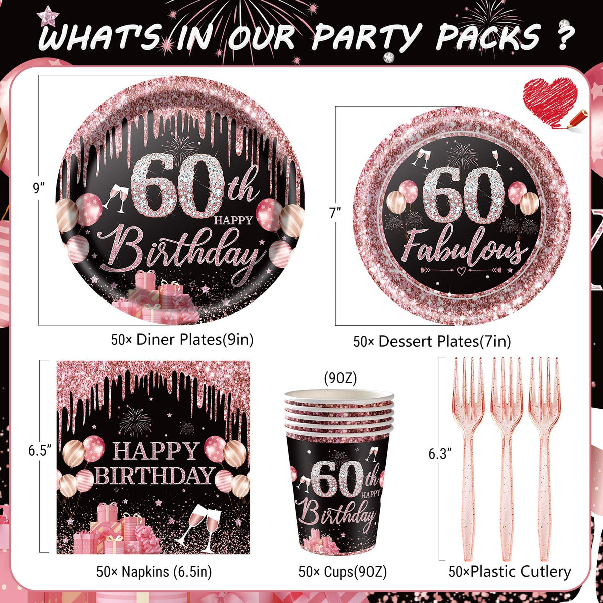250PCS 60th Birthday Party Decorations for 50 Guests Black - Yaniio Official Imagery - 4