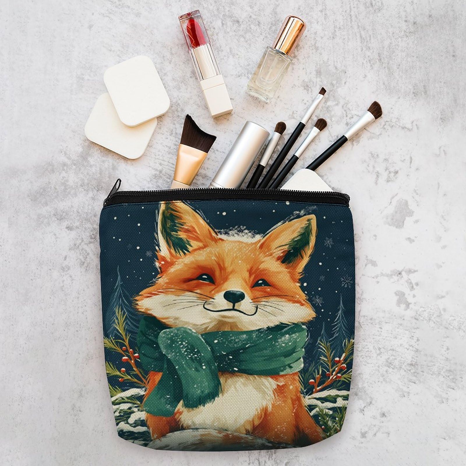 Qfsdijnig Fox Winter Scarf Snowflake Pine Cosmetic Bag Makeup Pouch with Zipper - Travel Linen Makeup Organizer - Portable Vanity Case for Women Girls Teens - Gift Set for Her - Makeup Storage Bag