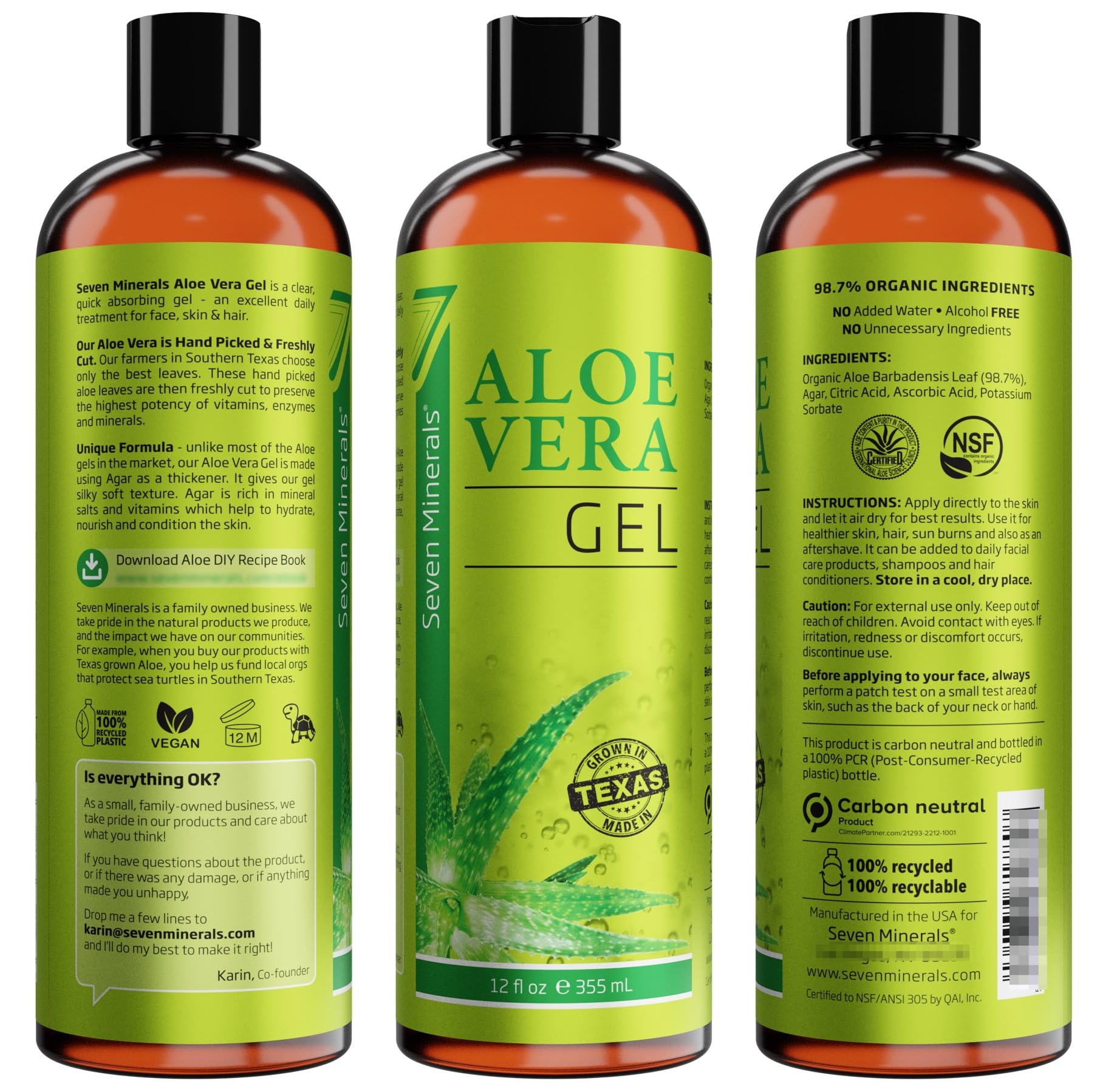 Seven Minerals Aloe Vera Gel with Freshly Cut Pure Organic Aloe - Big 12oz - Texas Grown, HighestQuality, Vegan, Unscented, Non-Sticky - After Sun, Skin & Face Moisturizer, Hair Mask