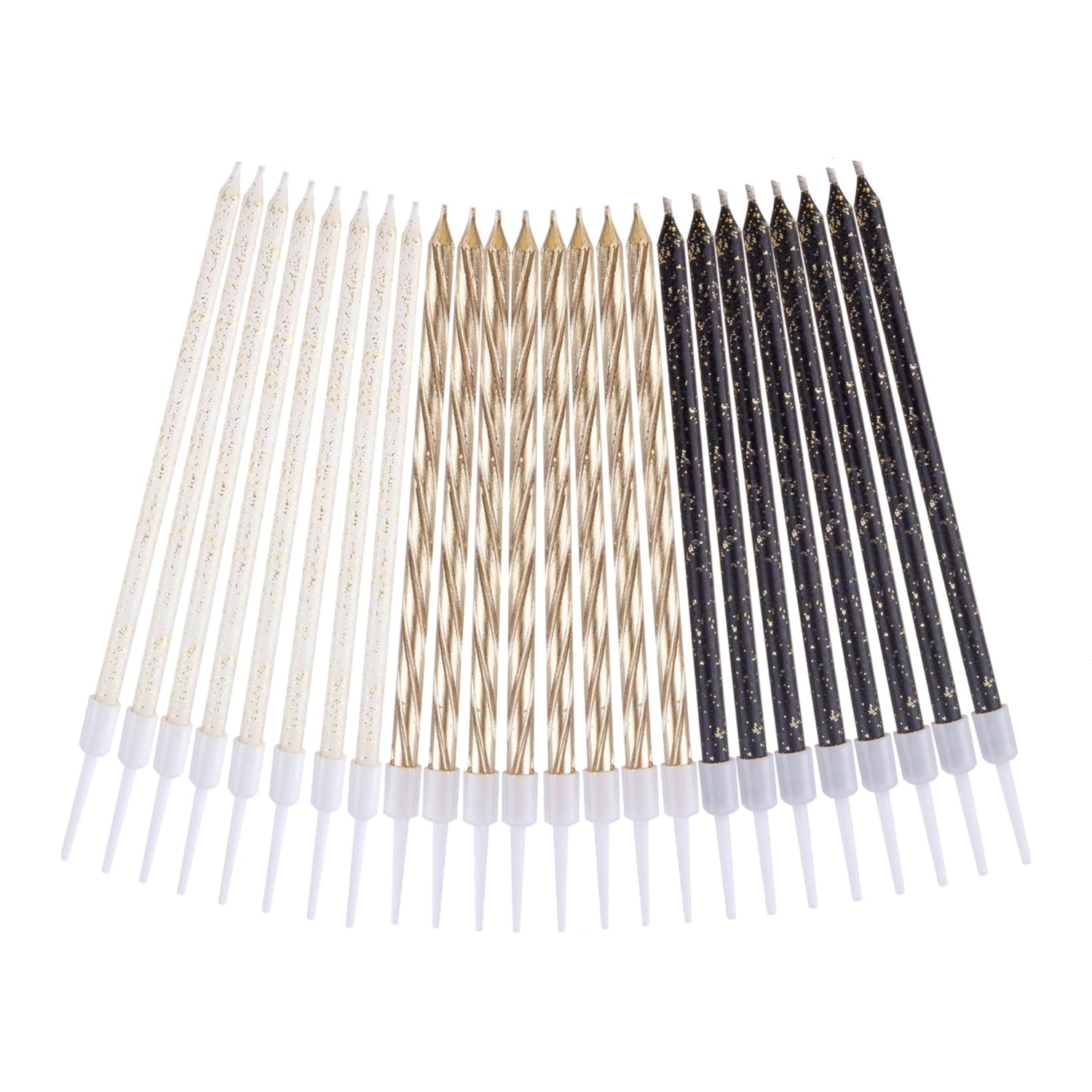 PHD CAKE gold, black, and white long birthday candles on a cake, featuring thin, elegant design for celebration desserts.