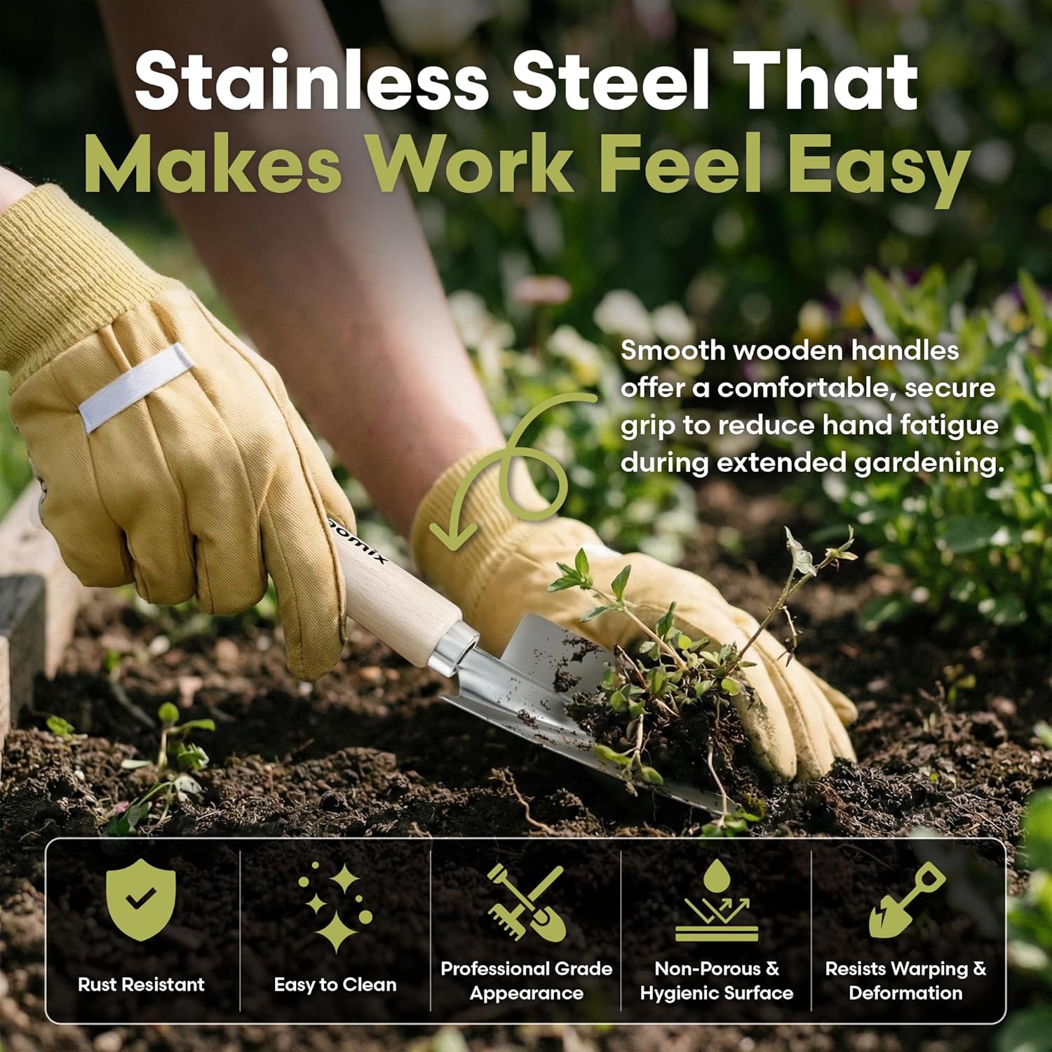 Bloomix 12-piece gardening tools set with heavy-duty tools and tool bag, includes trowel, pruners, and planting accessories.