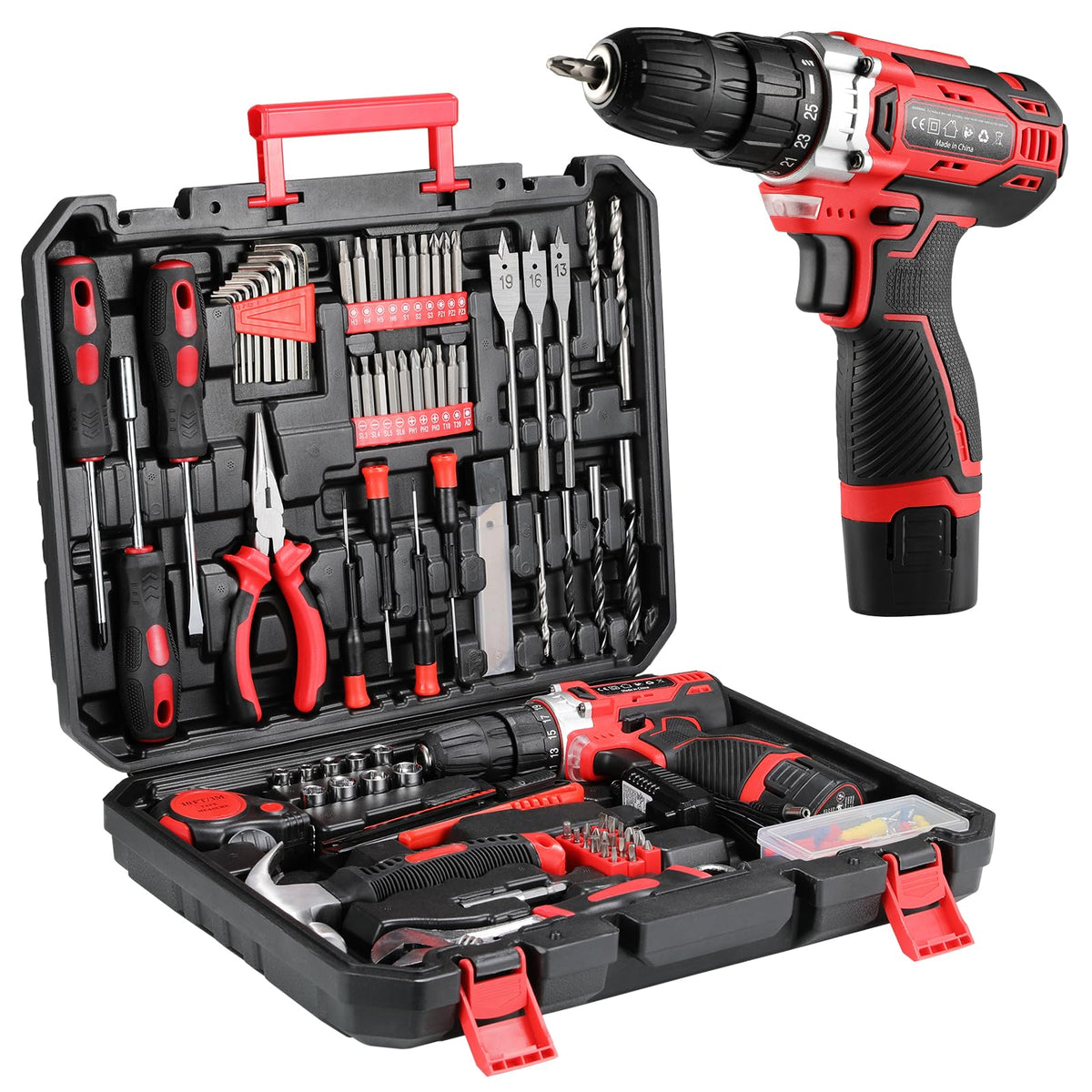 TLGREEN 138 Piece Red Tool Kit 12V Cordless Drill for Home - TLGREEN Official Imagery - 1