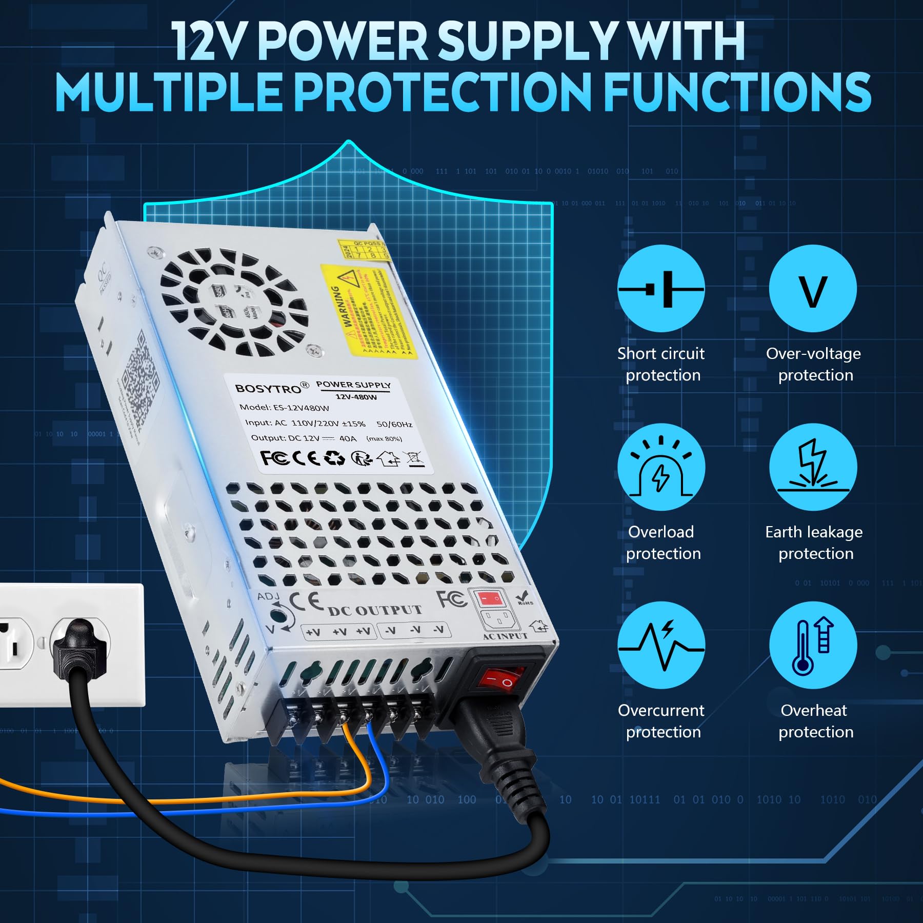 BOSYTRO Upgraded 12V DC Power Supply 480W 40A AC to DC Converter - BOSYTRO Official Product View 4