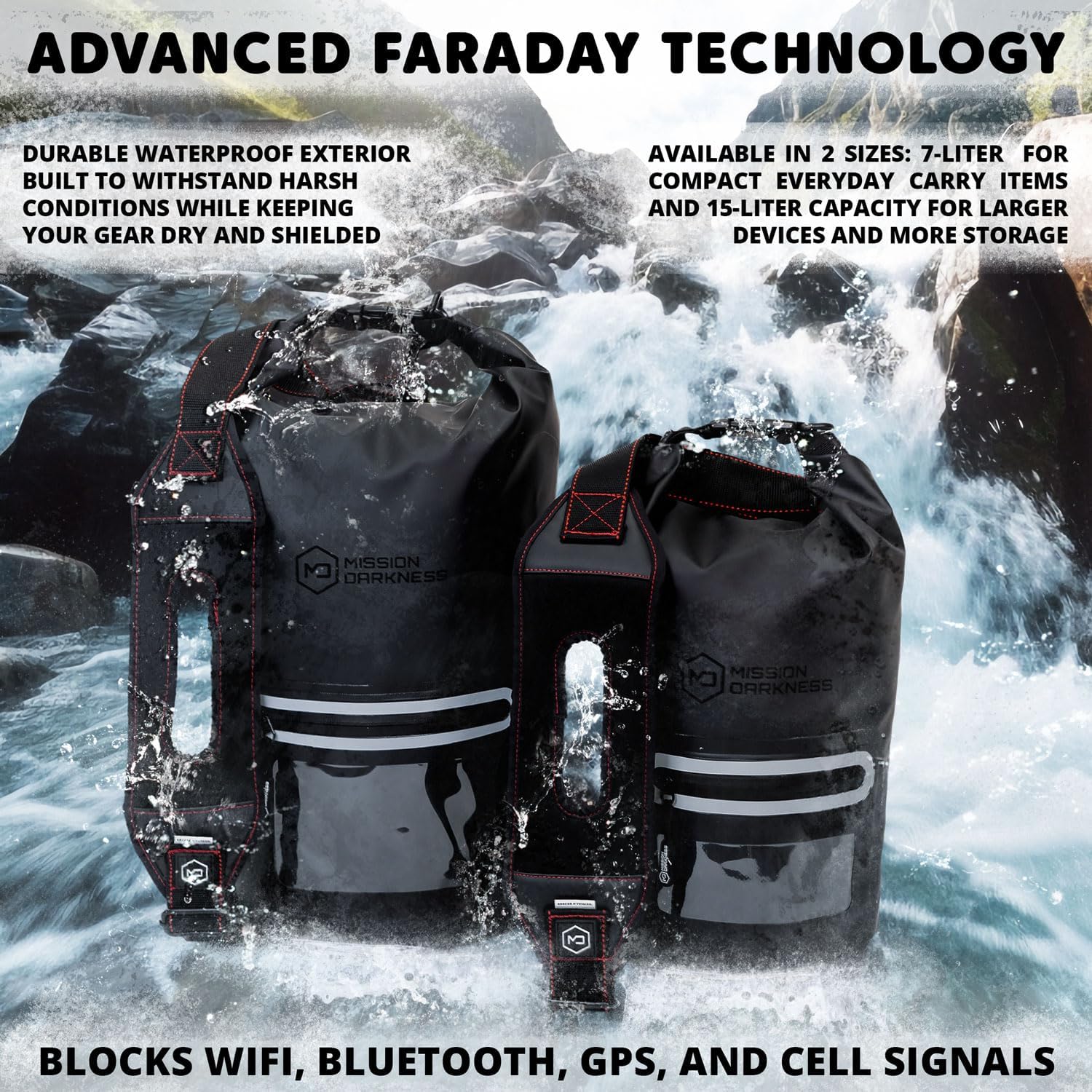 Mission Darkness Dry Shield Faraday Tote 15L waterproof dry bag for electronics, showing durable black fabric and secure closure.