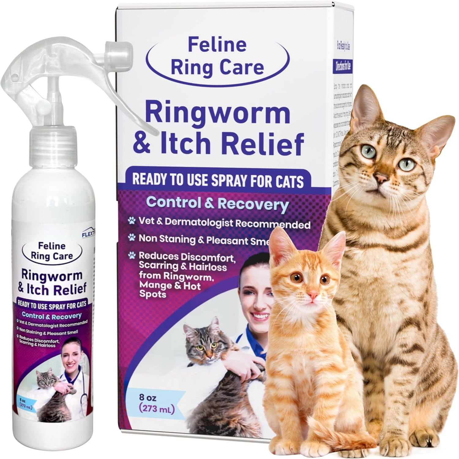 FlexTran Feline Ring Care product for cats with ringworm, mange, dermatitis, and yeast infections, featuring a cat and product packaging.